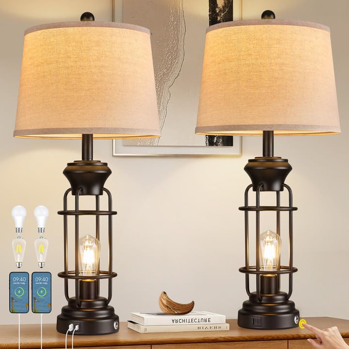 Black Table Lamps for Living Room Set of 2, 22.3" Farmhouse Lamps for Nightstand, Industrial Table Lamps for Bedroom with USB Ports, Bulbs Included