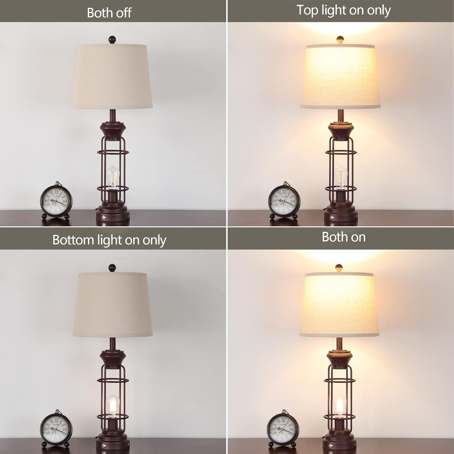 Black Table Lamps for Living Room Set of 2, 22.3" Farmhouse Lamps for Nightstand, Industrial Table Lamps for Bedroom with USB Ports, Bulbs Included