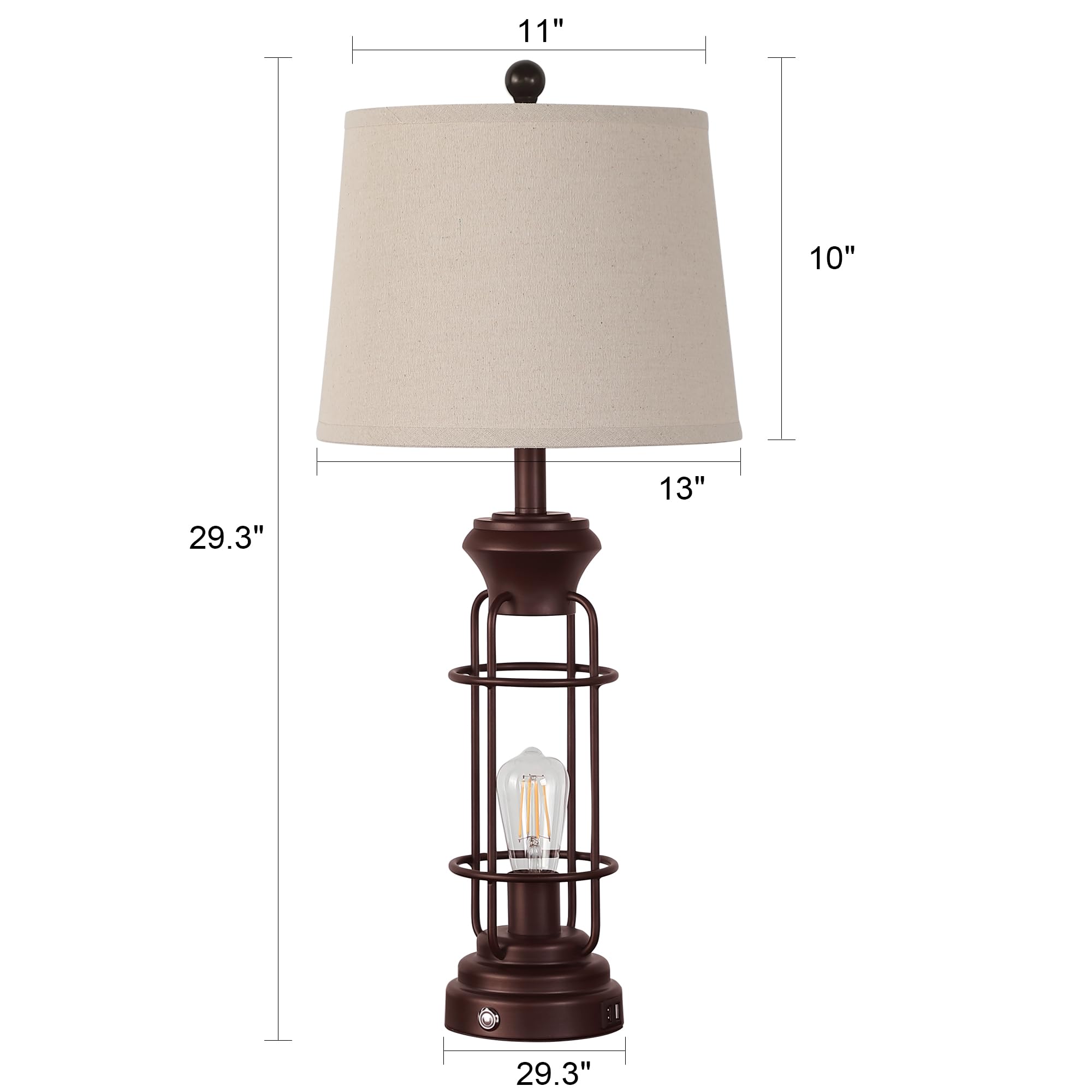 Black Table Lamps for Living Room Set of 2, 22.3" Farmhouse Lamps for Nightstand, Industrial Table Lamps for Bedroom with USB Ports, Bulbs Included