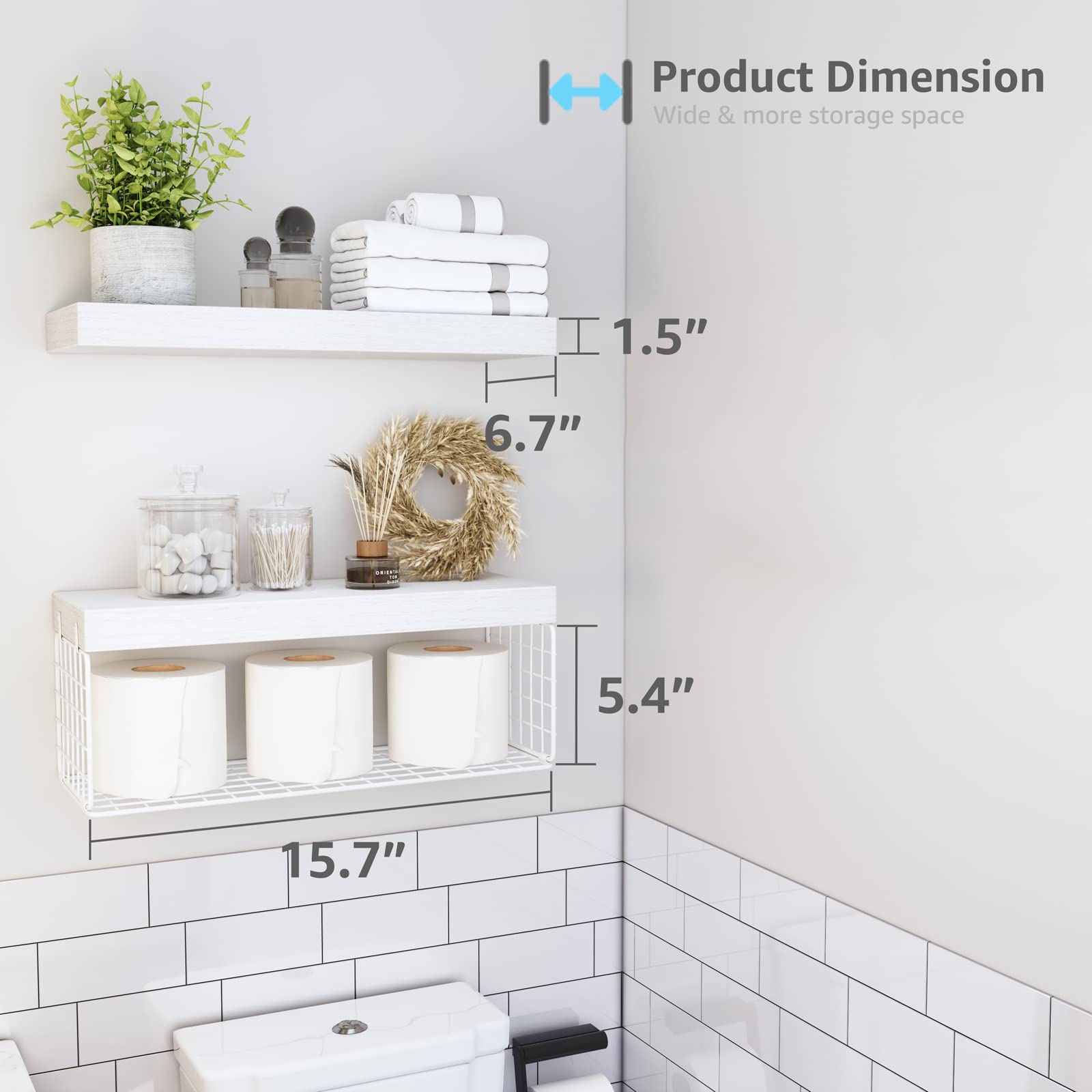 QEEIG Bathroom Shelves Over Toilet - Wall Mounted Floating Shelves Toilet Paper Storage Small Farmhouse Decor Shelf 16 inch Set of 3, Rustic Brown (019-BN3)