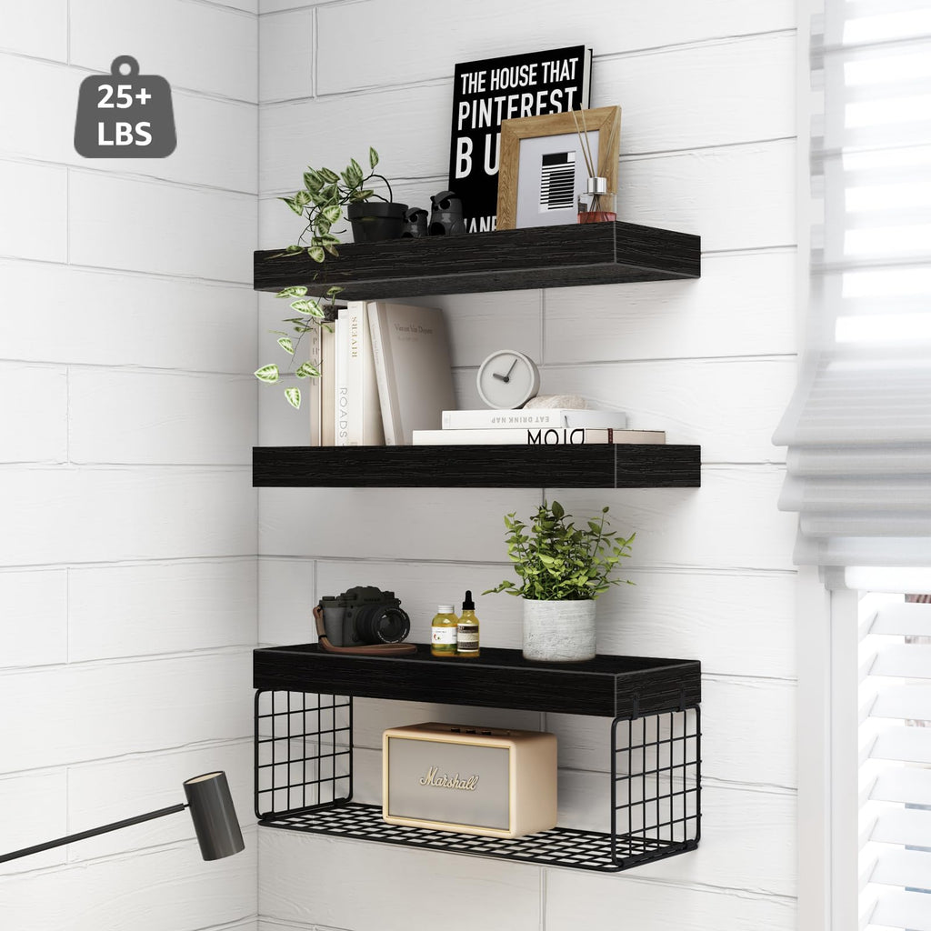 QEEIG Bathroom Shelves Over Toilet - Wall Mounted Floating Shelves Toilet Paper Storage Small Farmhouse Decor Shelf 16 inch Set of 3, Rustic Brown (019-BN3)