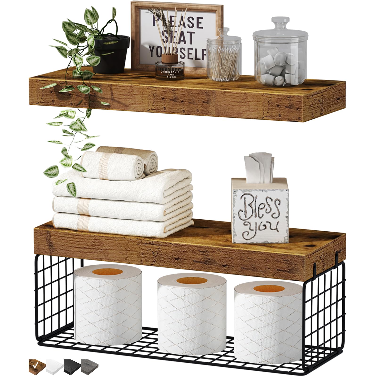 QEEIG Bathroom Shelves Over Toilet - Wall Mounted Floating Shelves Toilet Paper Storage Small Farmhouse Decor Shelf 16 inch Set of 3, Rustic Brown (019-BN3)
