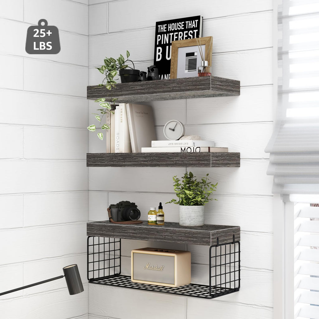 QEEIG Bathroom Shelves Over Toilet - Wall Mounted Floating Shelves Toilet Paper Storage Small Farmhouse Decor Shelf 16 inch Set of 3, Rustic Brown (019-BN3)
