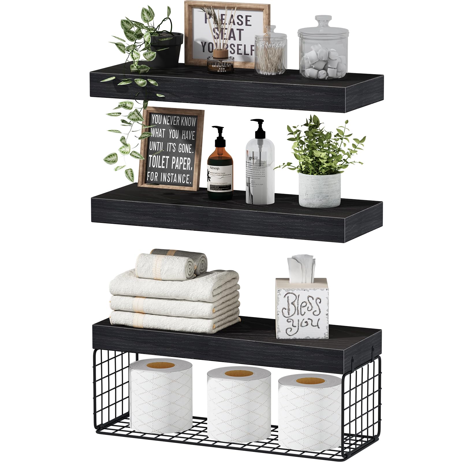QEEIG Bathroom Shelves Over Toilet - Wall Mounted Floating Shelves Toilet Paper Storage Small Farmhouse Decor Shelf 16 inch Set of 3, Rustic Brown (019-BN3)