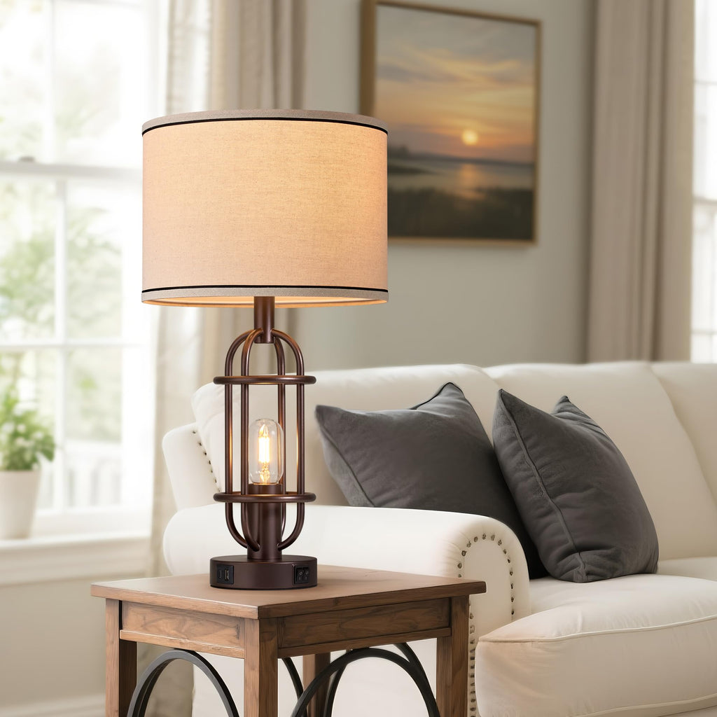 Black Table Lamps for Living Room Set of 2, 22.3" Farmhouse Lamps for Nightstand, Industrial Table Lamps for Bedroom with USB Ports, Bulbs Included