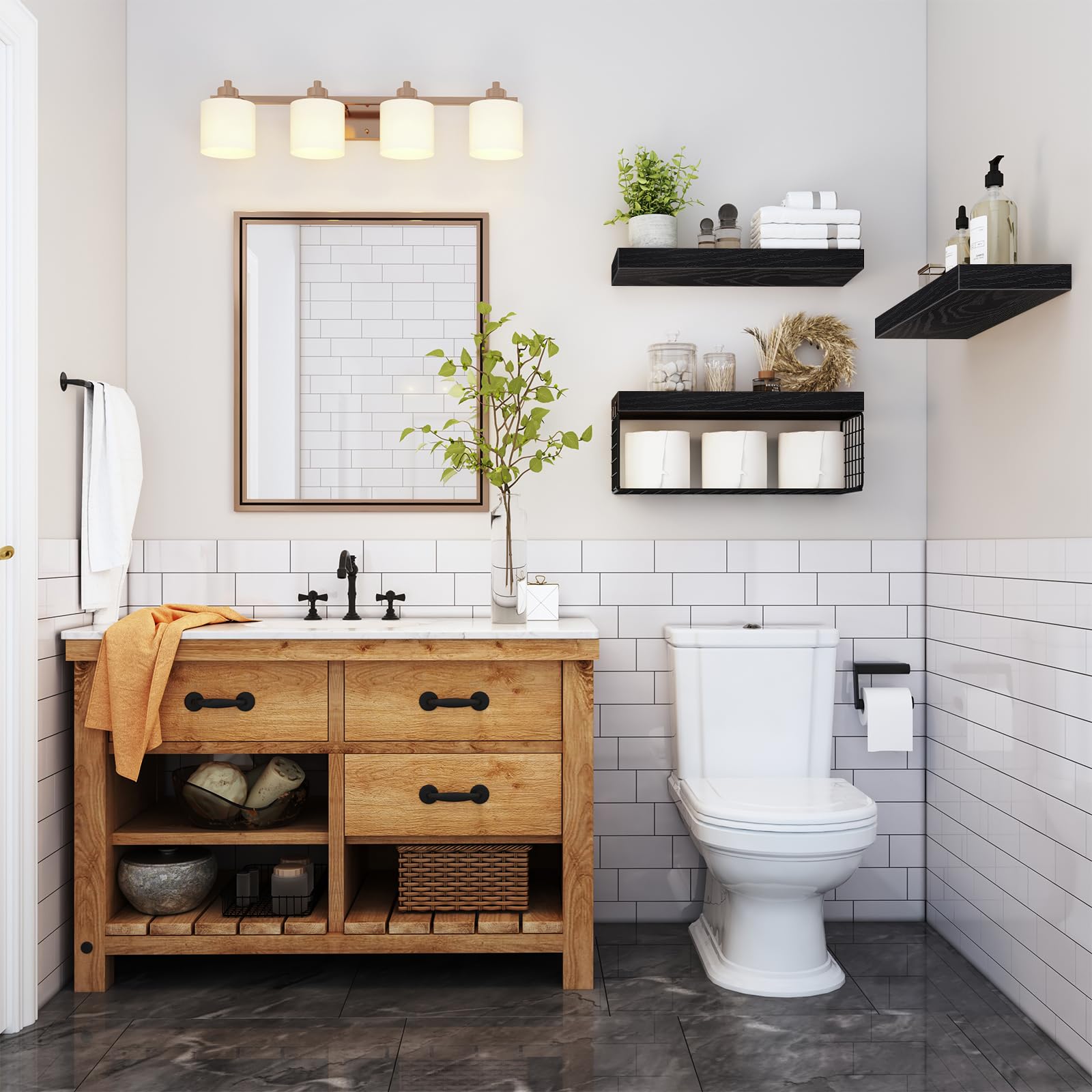QEEIG Bathroom Shelves Over Toilet - Wall Mounted Floating Shelves Toilet Paper Storage Small Farmhouse Decor Shelf 16 inch Set of 3, Rustic Brown (019-BN3)