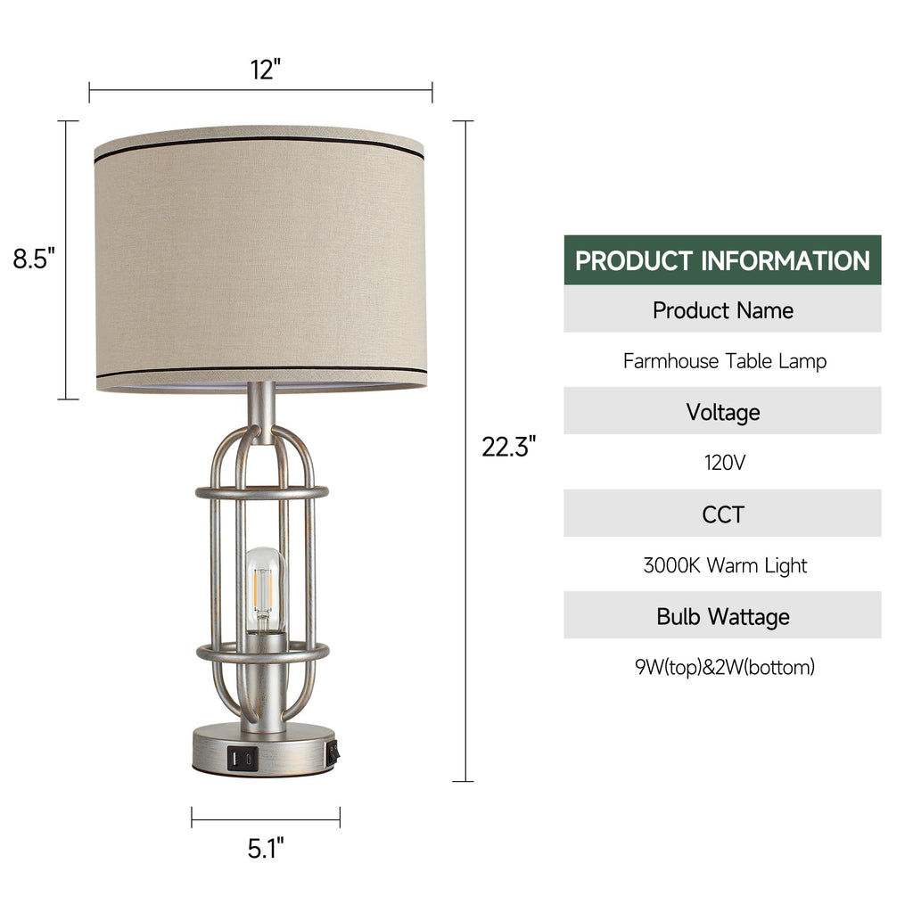 Black Table Lamps for Living Room Set of 2, 22.3" Farmhouse Lamps for Nightstand, Industrial Table Lamps for Bedroom with USB Ports, Bulbs Included