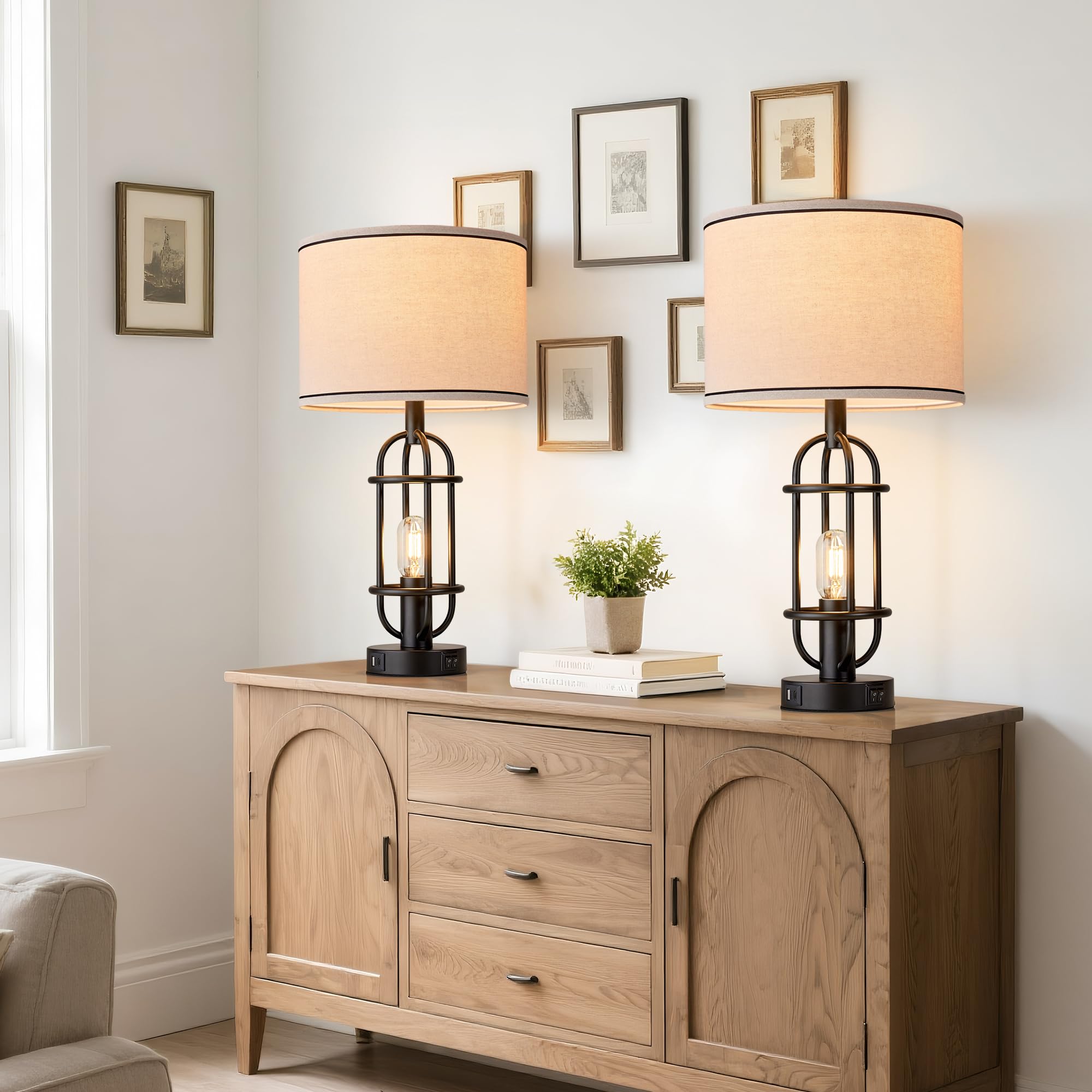 Black Table Lamps for Living Room Set of 2, 22.3" Farmhouse Lamps for Nightstand, Industrial Table Lamps for Bedroom with USB Ports, Bulbs Included