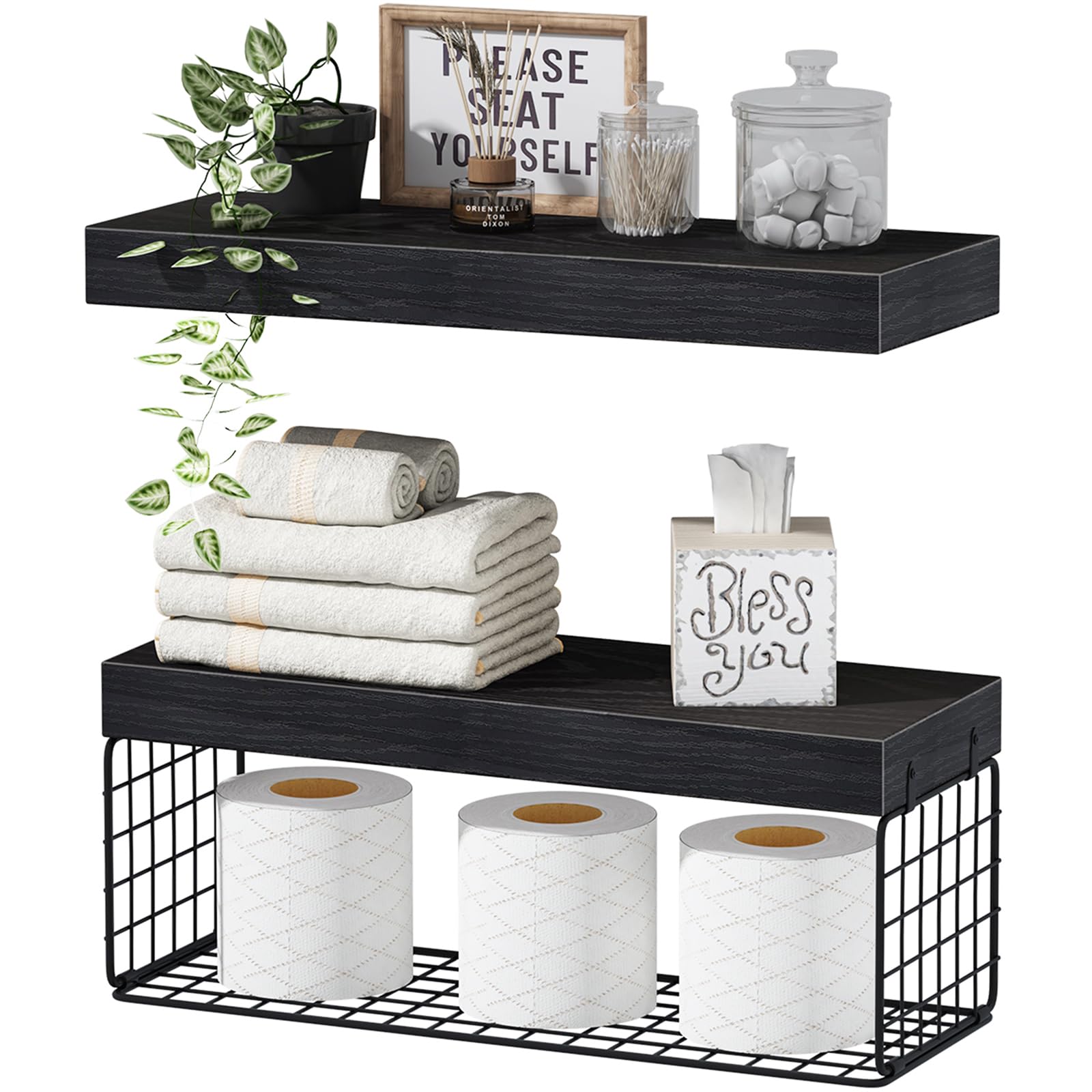 QEEIG Bathroom Shelves Over Toilet - Wall Mounted Floating Shelves Toilet Paper Storage Small Farmhouse Decor Shelf 16 inch Set of 3, Rustic Brown (019-BN3)