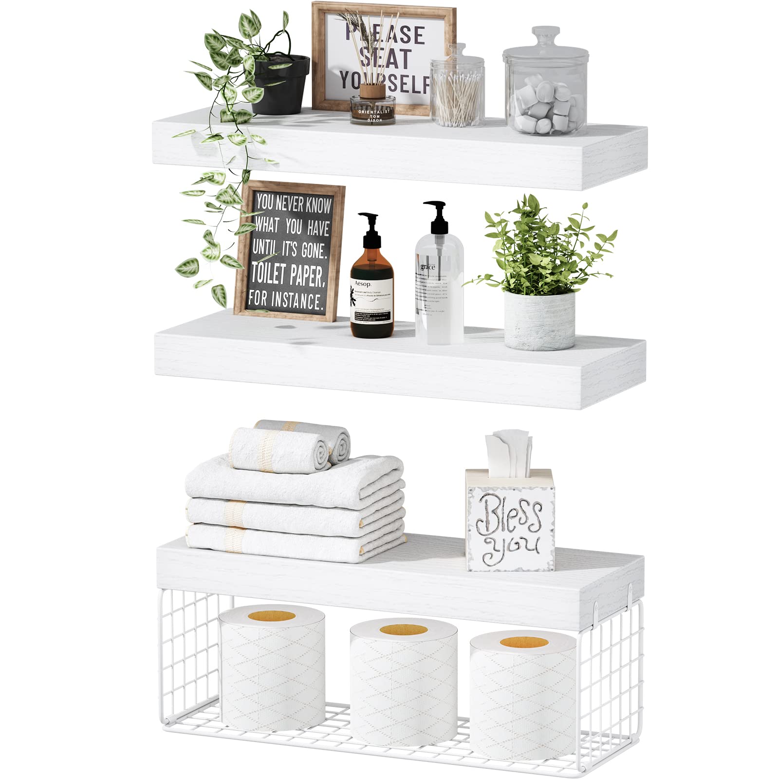 QEEIG Bathroom Shelves Over Toilet - Wall Mounted Floating Shelves Toilet Paper Storage Small Farmhouse Decor Shelf 16 inch Set of 3, Rustic Brown (019-BN3)