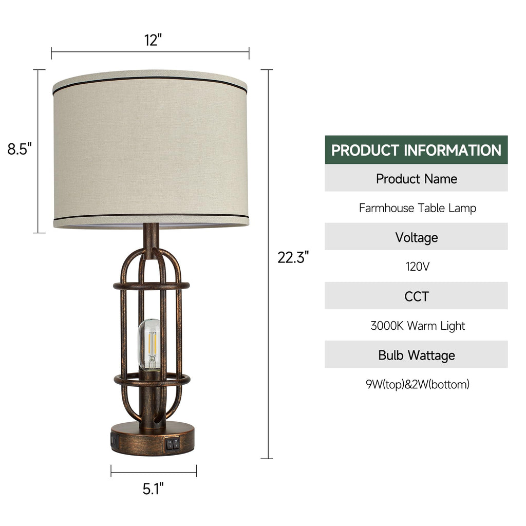 Black Table Lamps for Living Room Set of 2, 22.3" Farmhouse Lamps for Nightstand, Industrial Table Lamps for Bedroom with USB Ports, Bulbs Included