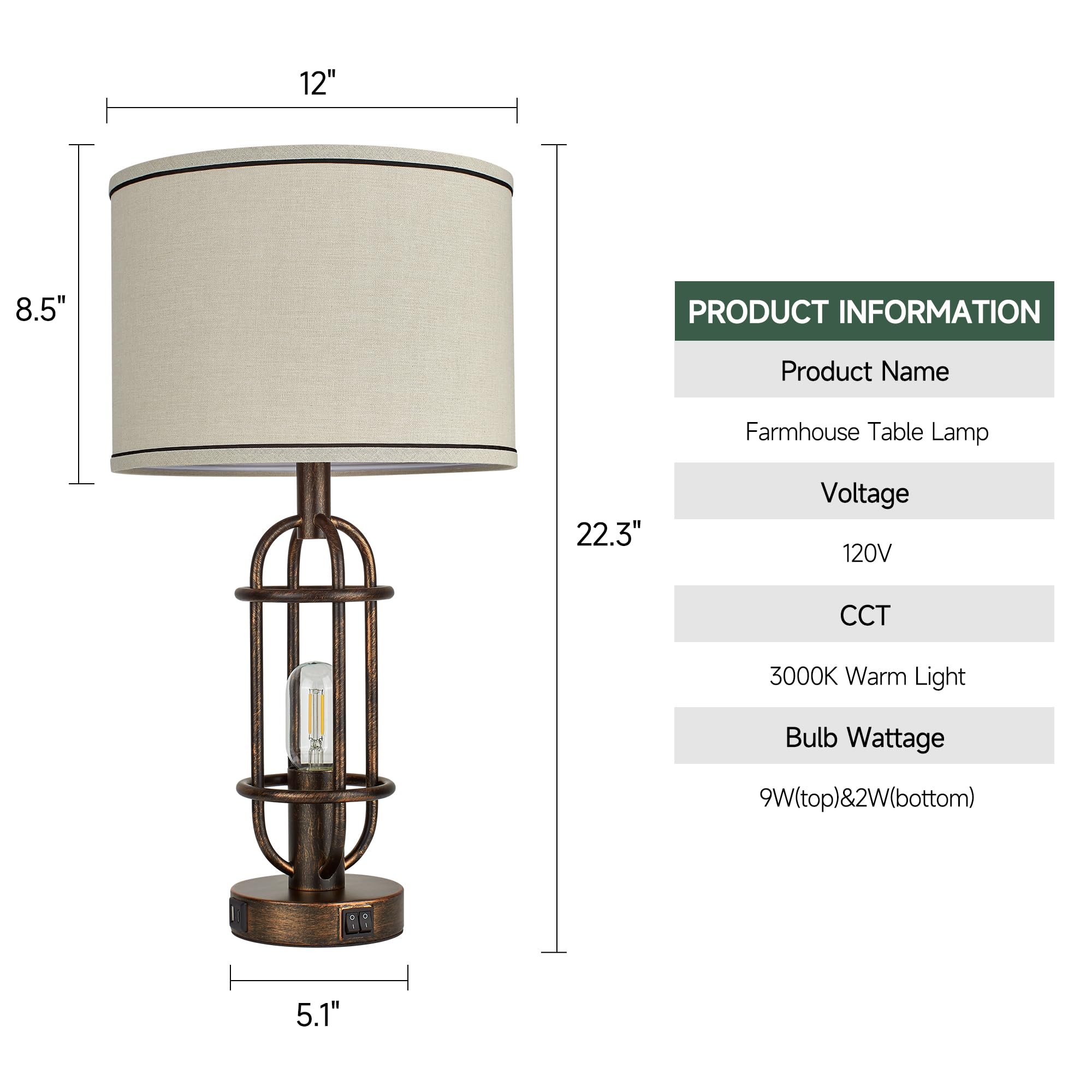 Black Table Lamps for Living Room Set of 2, 22.3" Farmhouse Lamps for Nightstand, Industrial Table Lamps for Bedroom with USB Ports, Bulbs Included