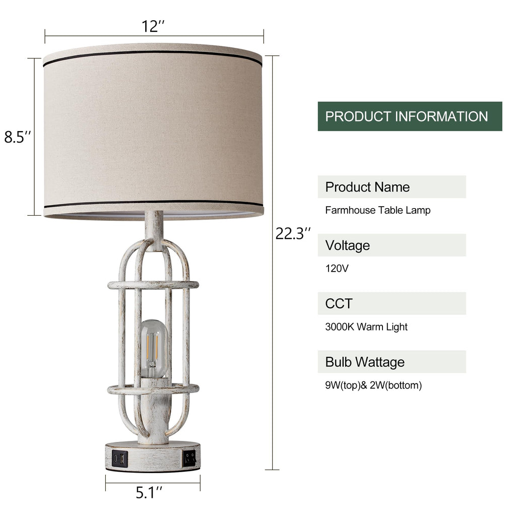 Black Table Lamps for Living Room Set of 2, 22.3" Farmhouse Lamps for Nightstand, Industrial Table Lamps for Bedroom with USB Ports, Bulbs Included