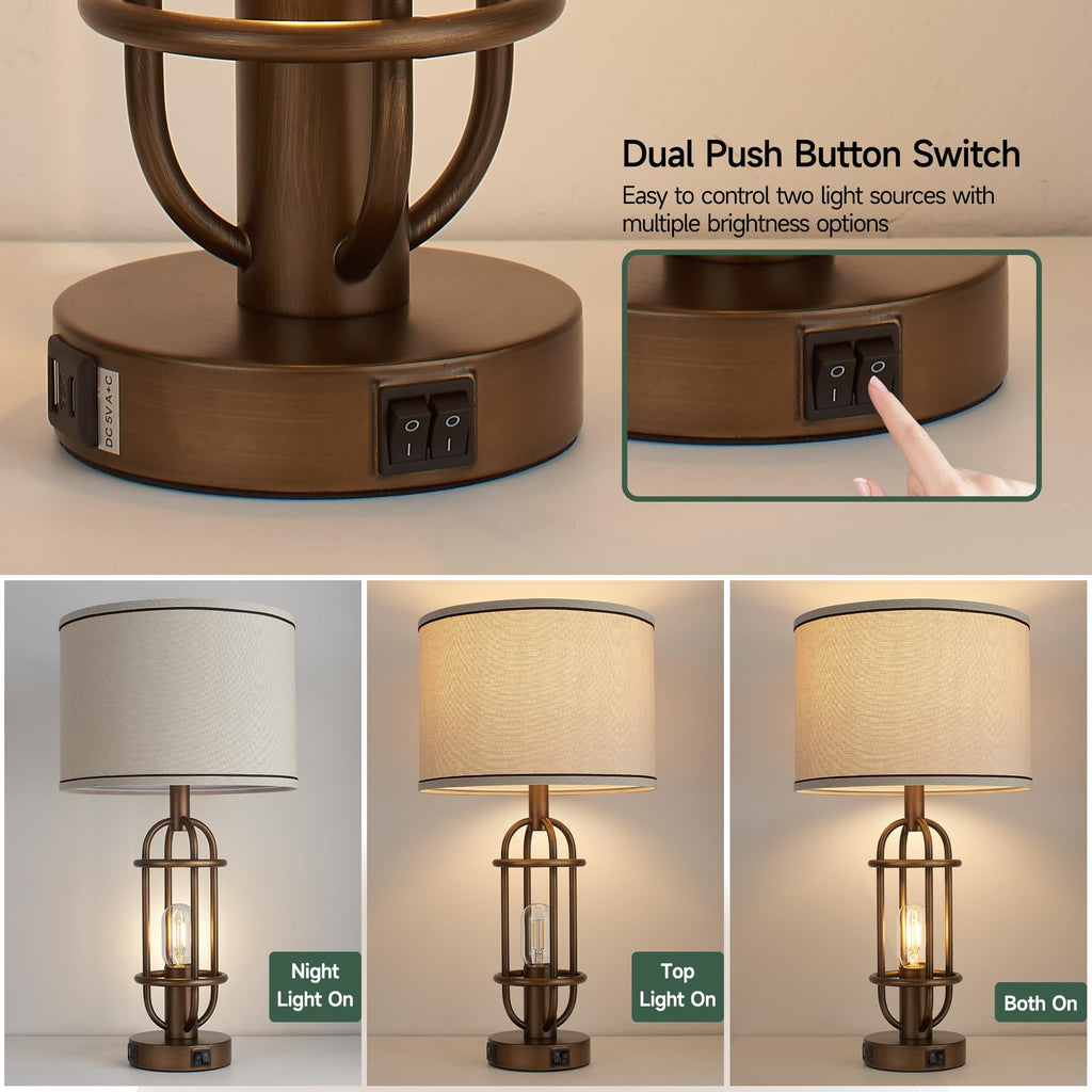 Black Table Lamps for Living Room Set of 2, 22.3" Farmhouse Lamps for Nightstand, Industrial Table Lamps for Bedroom with USB Ports, Bulbs Included