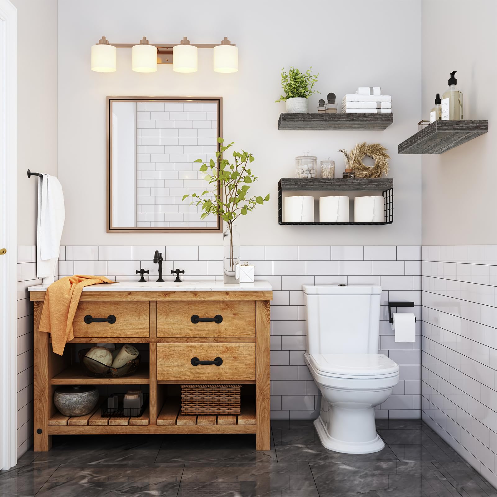 QEEIG Bathroom Shelves Over Toilet - Wall Mounted Floating Shelves Toilet Paper Storage Small Farmhouse Decor Shelf 16 inch Set of 3, Rustic Brown (019-BN3)