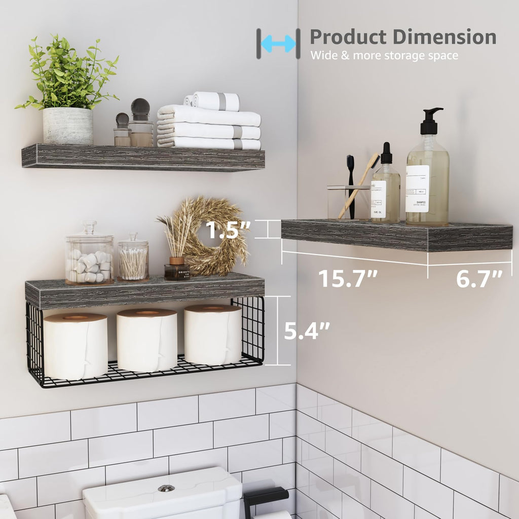 QEEIG Bathroom Shelves Over Toilet - Wall Mounted Floating Shelves Toilet Paper Storage Small Farmhouse Decor Shelf 16 inch Set of 3, Rustic Brown (019-BN3)