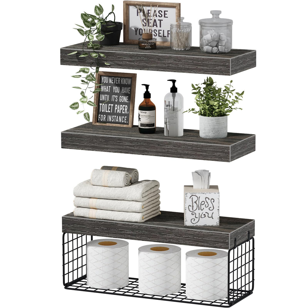 QEEIG Bathroom Shelves Over Toilet - Wall Mounted Floating Shelves Toilet Paper Storage Small Farmhouse Decor Shelf 16 inch Set of 3, Rustic Brown (019-BN3)