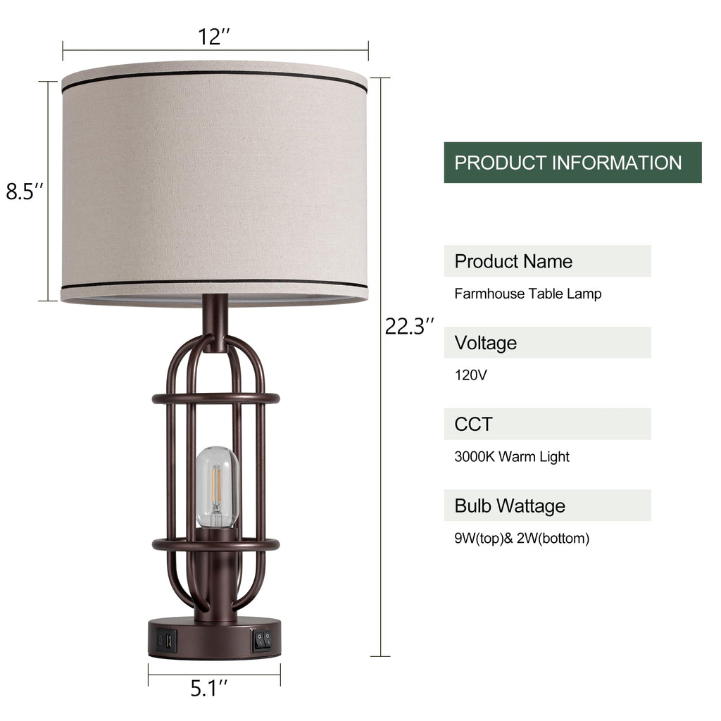 Black Table Lamps for Living Room Set of 2, 22.3" Farmhouse Lamps for Nightstand, Industrial Table Lamps for Bedroom with USB Ports, Bulbs Included