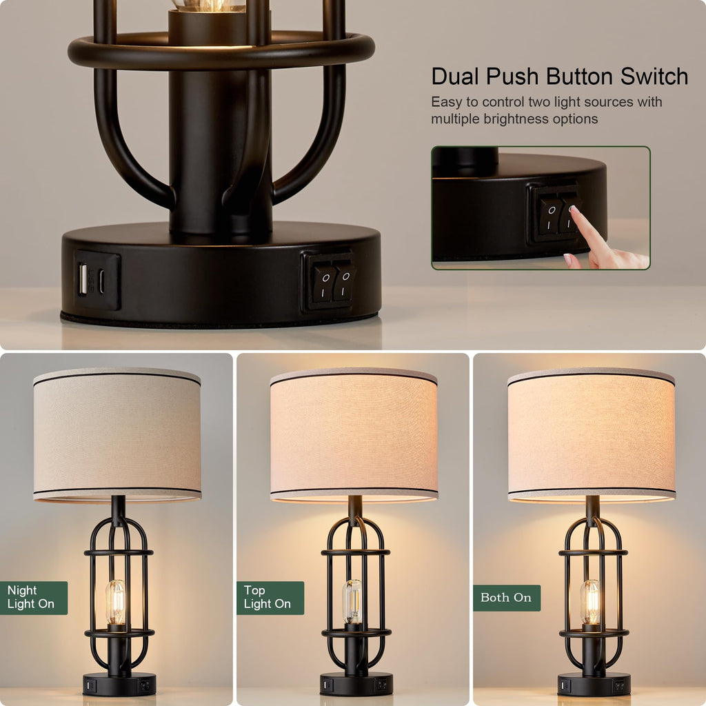 Black Table Lamps for Living Room Set of 2, 22.3" Farmhouse Lamps for Nightstand, Industrial Table Lamps for Bedroom with USB Ports, Bulbs Included