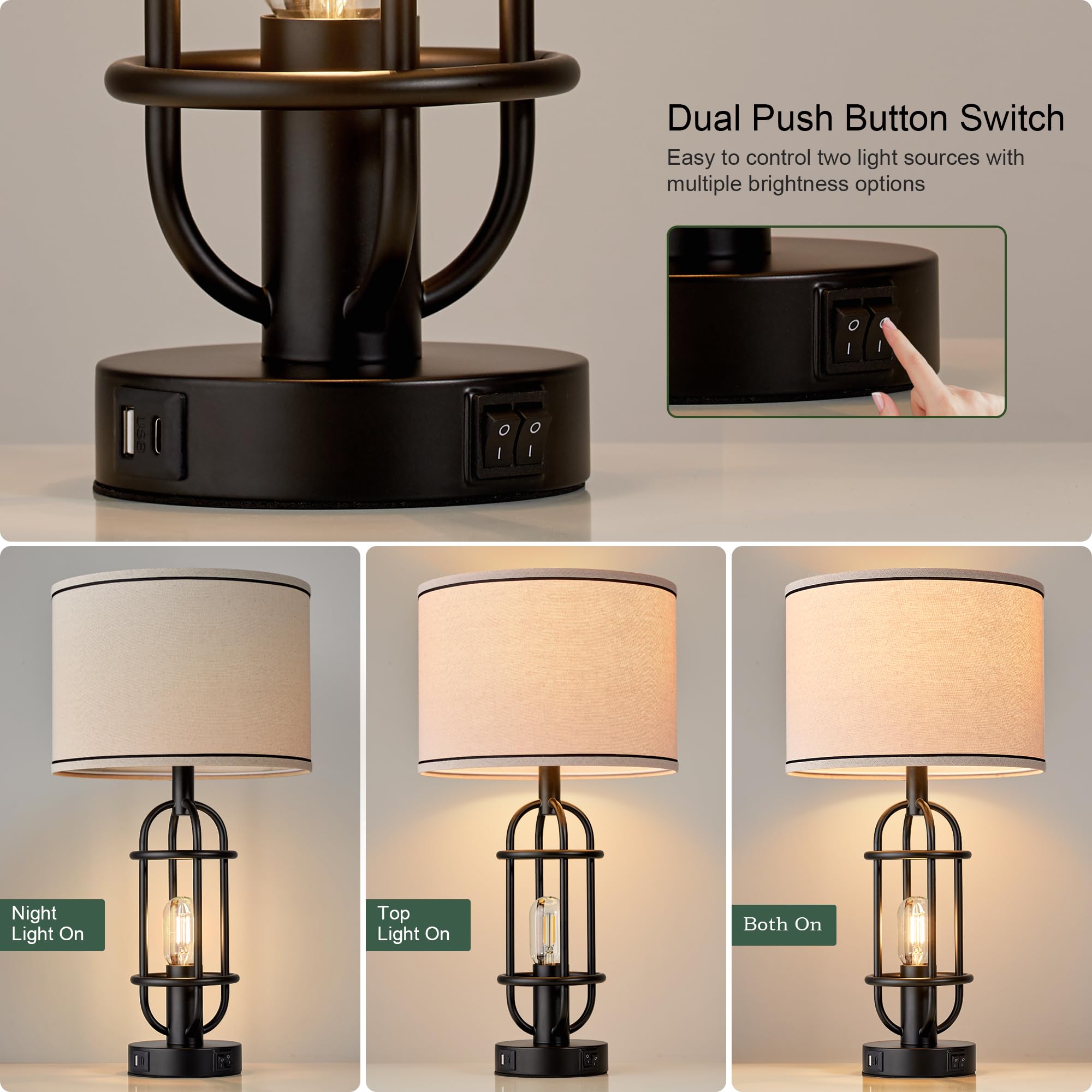 Black Table Lamps for Living Room Set of 2, 22.3" Farmhouse Lamps for Nightstand, Industrial Table Lamps for Bedroom with USB Ports, Bulbs Included