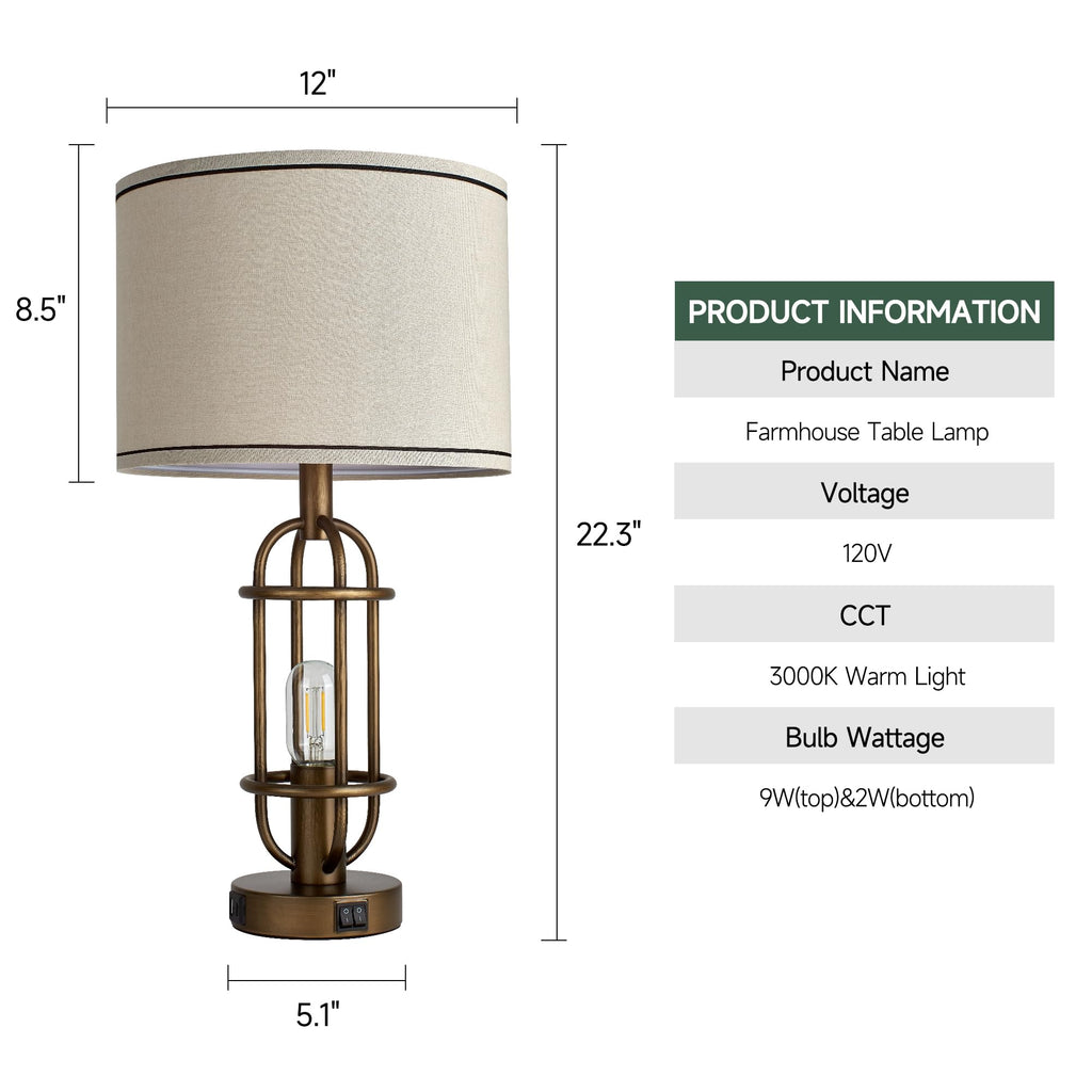 Black Table Lamps for Living Room Set of 2, 22.3" Farmhouse Lamps for Nightstand, Industrial Table Lamps for Bedroom with USB Ports, Bulbs Included