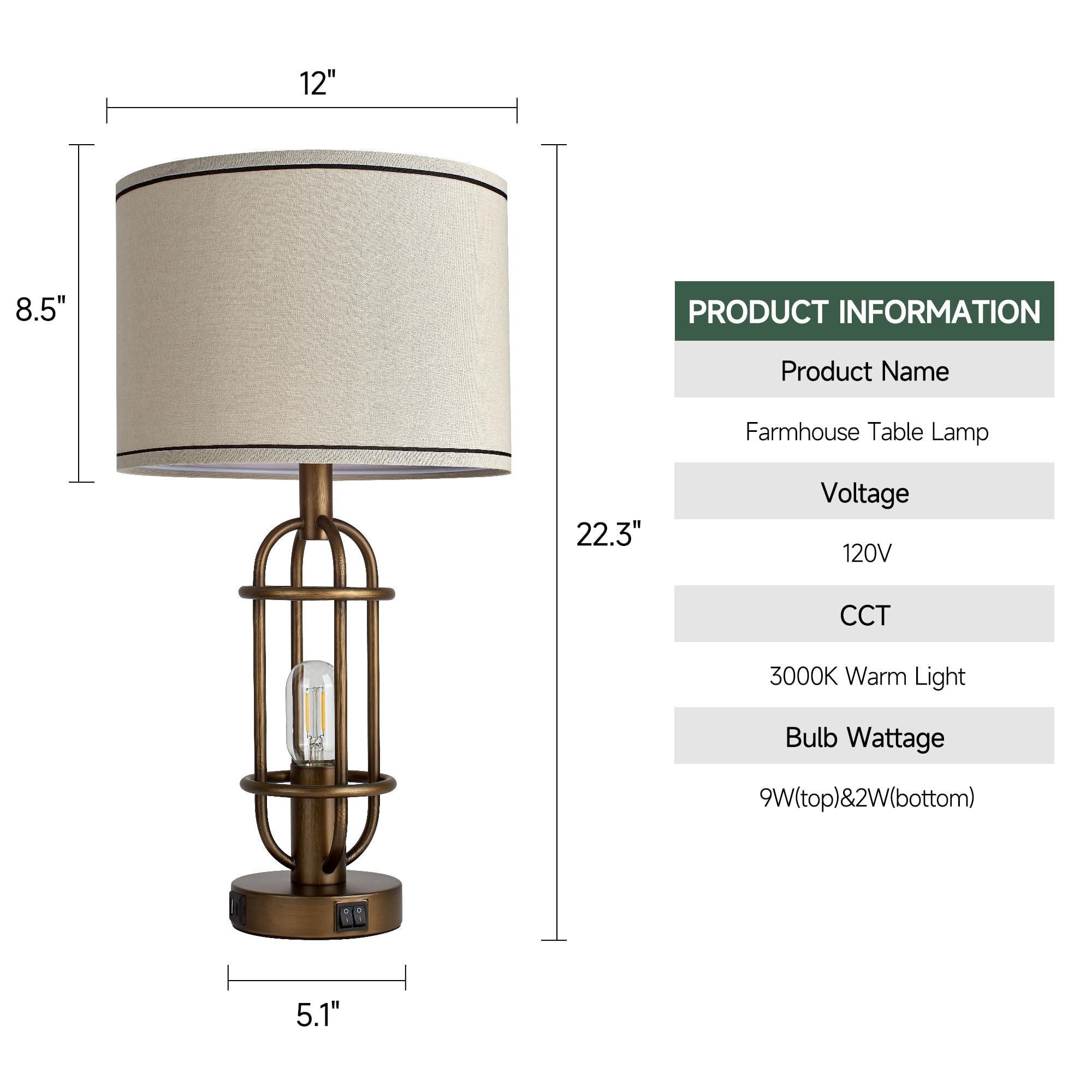 Black Table Lamps for Living Room Set of 2, 22.3" Farmhouse Lamps for Nightstand, Industrial Table Lamps for Bedroom with USB Ports, Bulbs Included