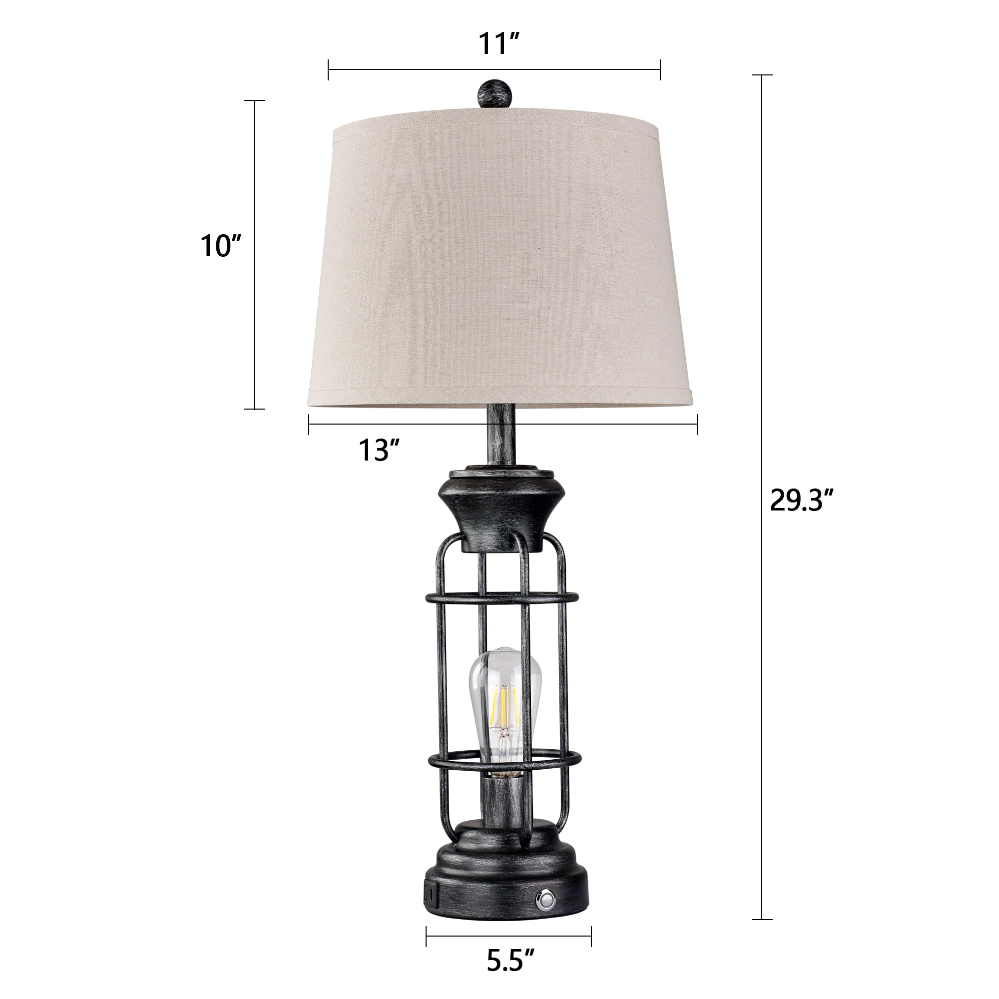 Black Table Lamps for Living Room Set of 2, 22.3" Farmhouse Lamps for Nightstand, Industrial Table Lamps for Bedroom with USB Ports, Bulbs Included