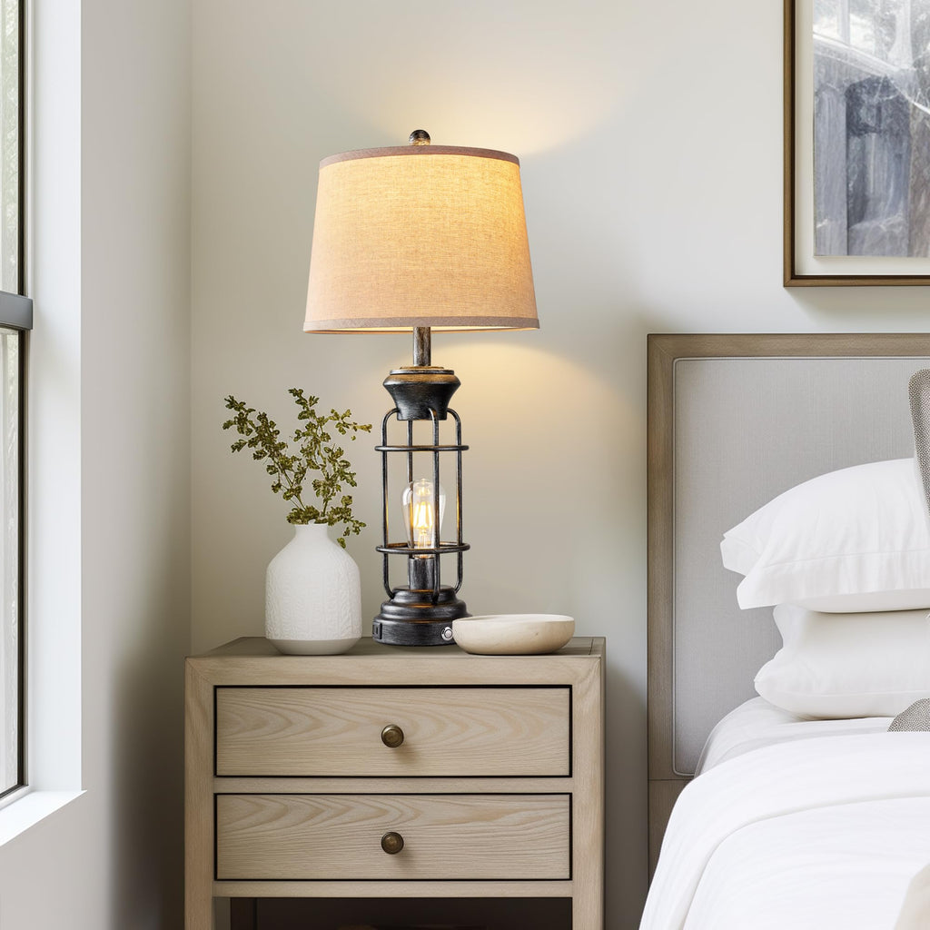 Black Table Lamps for Living Room Set of 2, 22.3" Farmhouse Lamps for Nightstand, Industrial Table Lamps for Bedroom with USB Ports, Bulbs Included