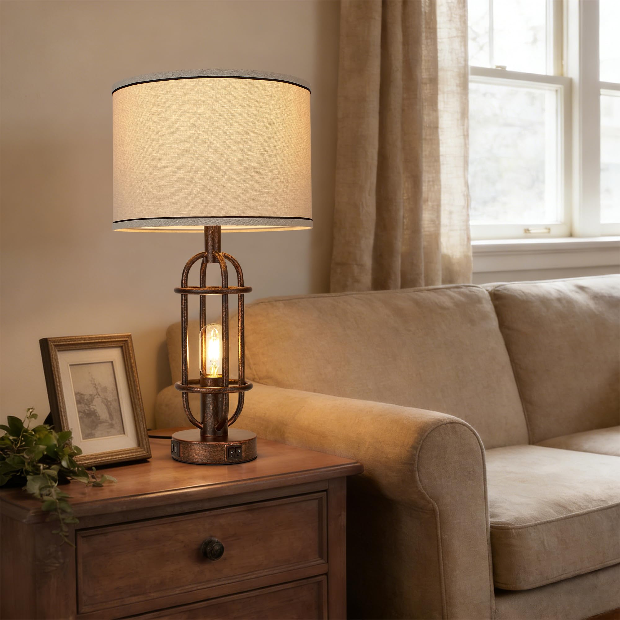 Black Table Lamps for Living Room Set of 2, 22.3" Farmhouse Lamps for Nightstand, Industrial Table Lamps for Bedroom with USB Ports, Bulbs Included