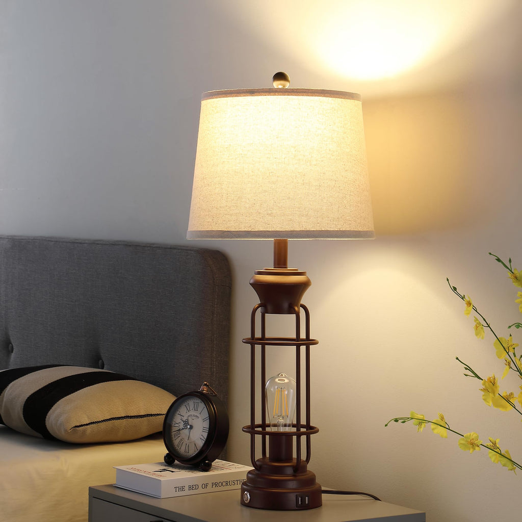 Black Table Lamps for Living Room Set of 2, 22.3" Farmhouse Lamps for Nightstand, Industrial Table Lamps for Bedroom with USB Ports, Bulbs Included