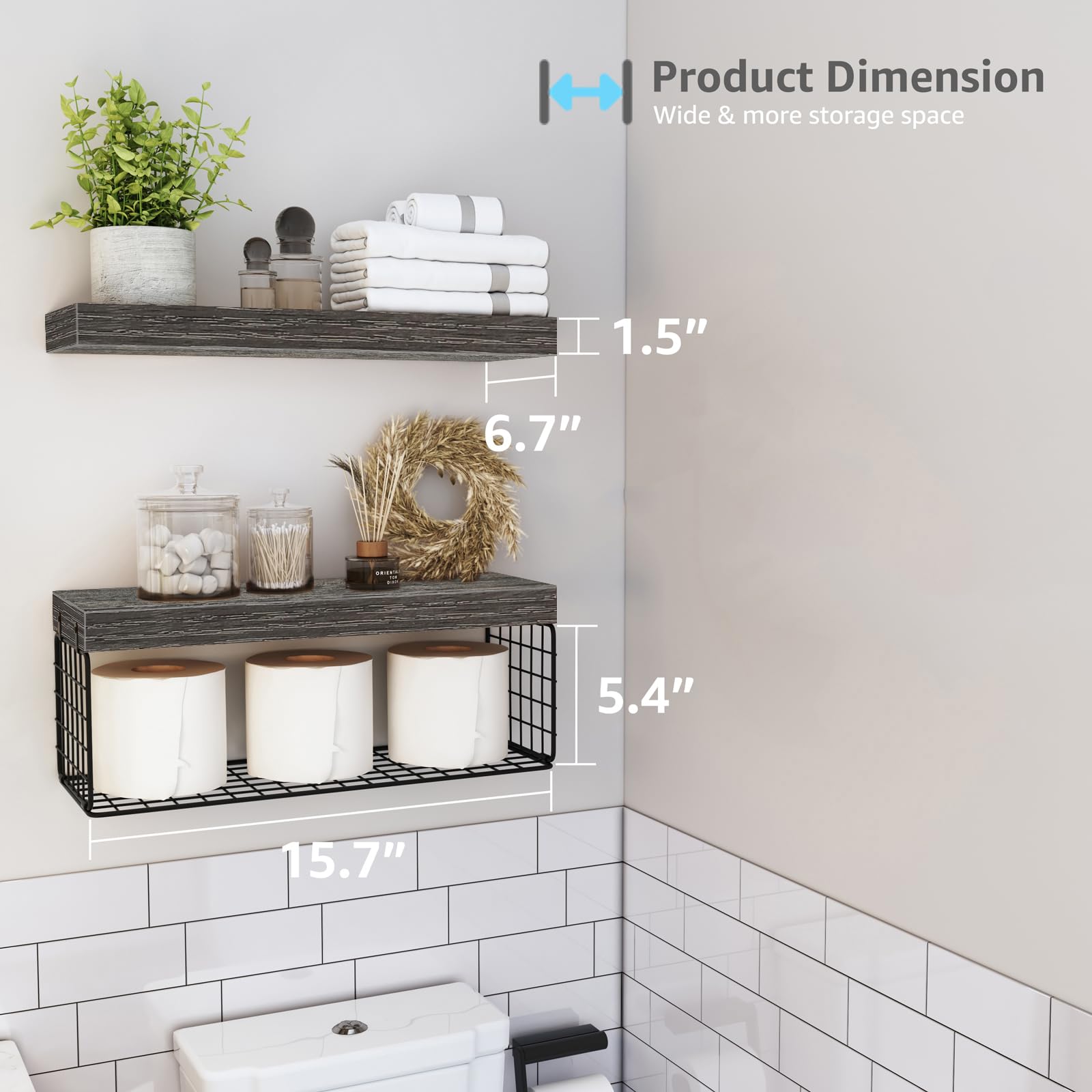 QEEIG Bathroom Shelves Over Toilet - Wall Mounted Floating Shelves Toilet Paper Storage Small Farmhouse Decor Shelf 16 inch Set of 3, Rustic Brown (019-BN3)