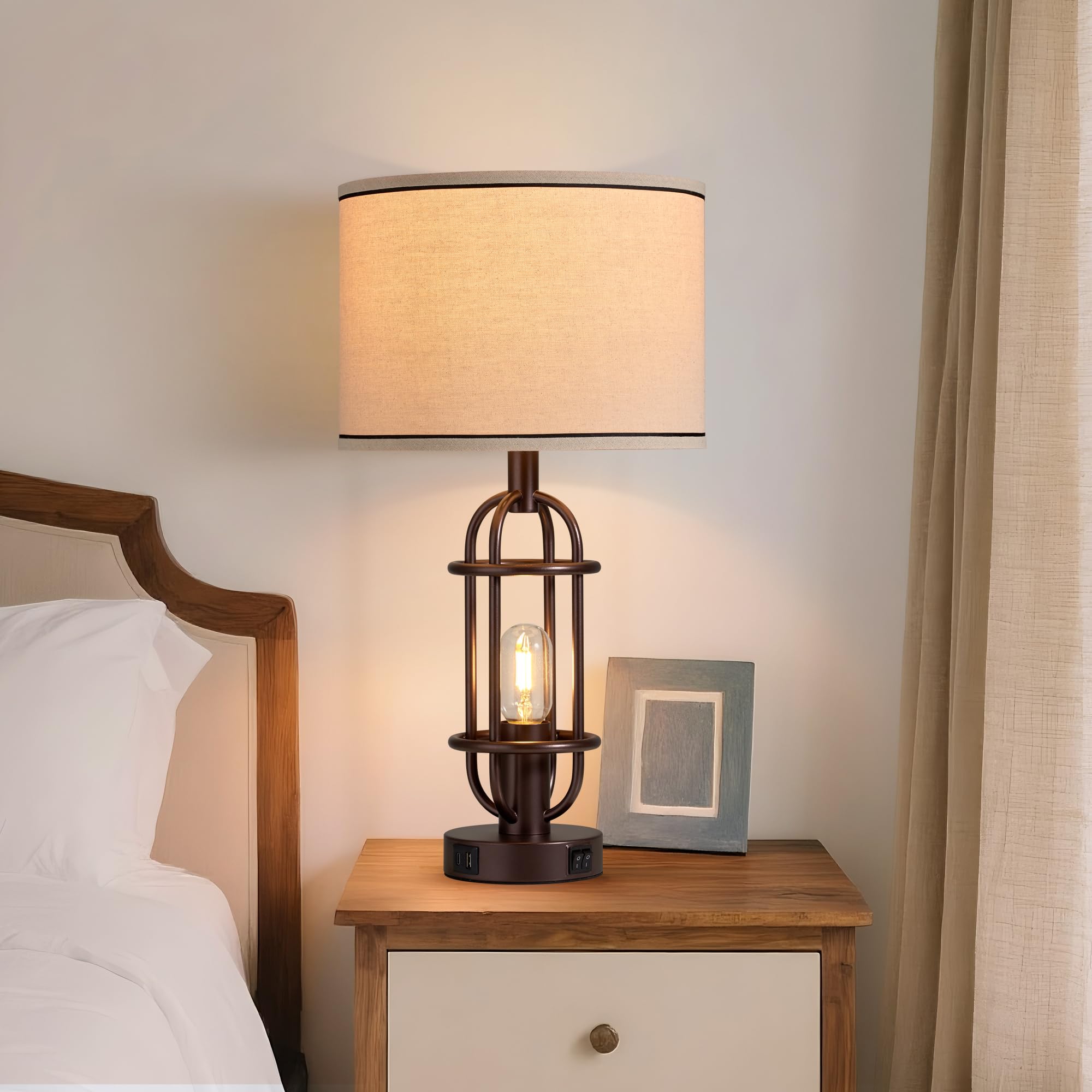 Black Table Lamps for Living Room Set of 2, 22.3" Farmhouse Lamps for Nightstand, Industrial Table Lamps for Bedroom with USB Ports, Bulbs Included