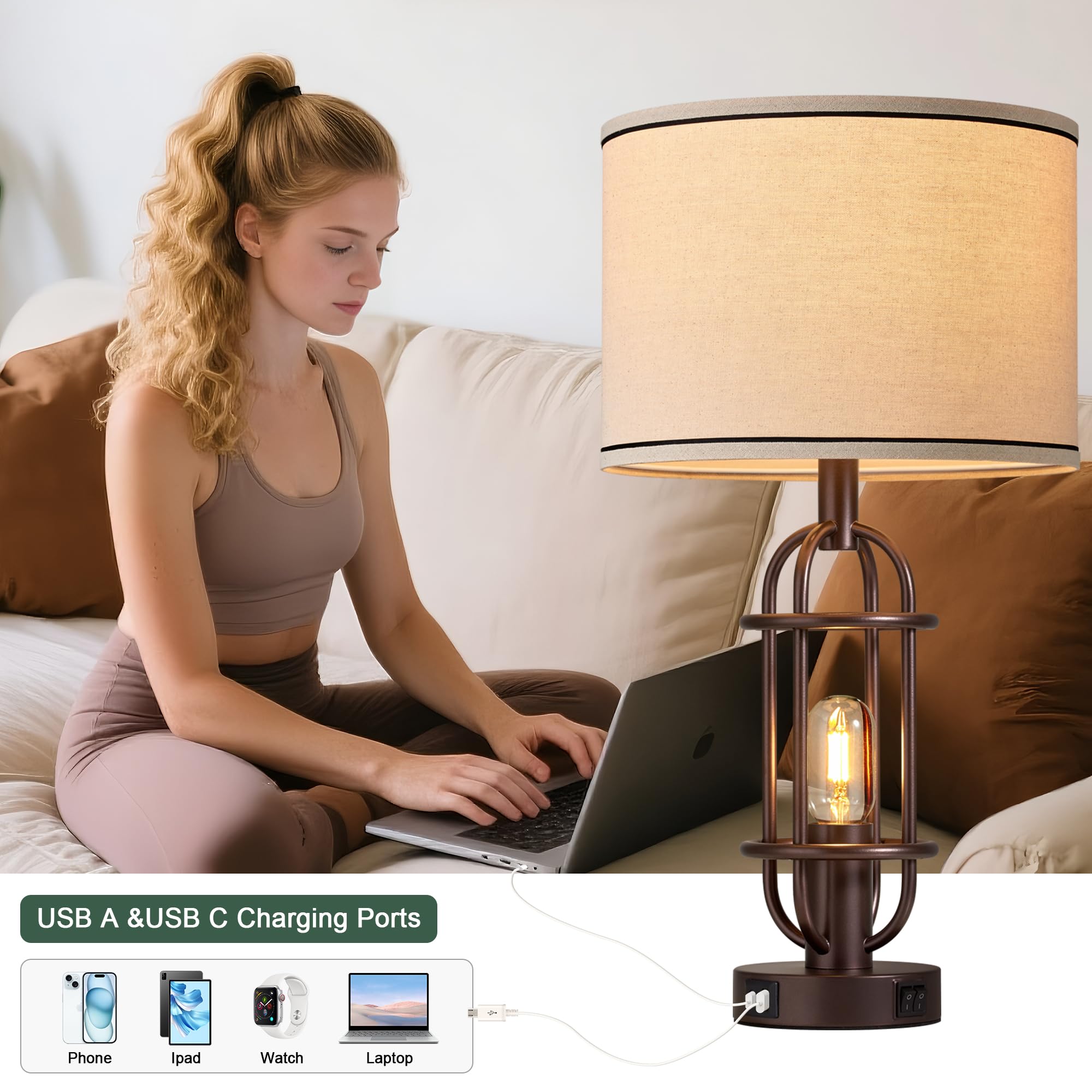 Black Table Lamps for Living Room Set of 2, 22.3" Farmhouse Lamps for Nightstand, Industrial Table Lamps for Bedroom with USB Ports, Bulbs Included