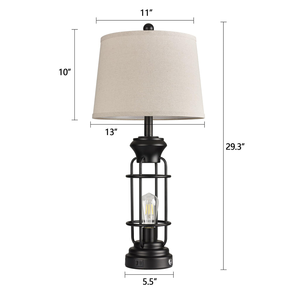 Black Table Lamps for Living Room Set of 2, 22.3" Farmhouse Lamps for Nightstand, Industrial Table Lamps for Bedroom with USB Ports, Bulbs Included