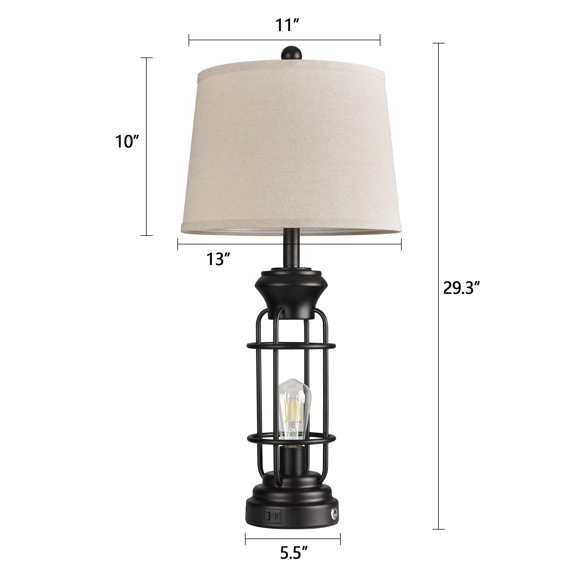Black Table Lamps for Living Room Set of 2, 22.3" Farmhouse Lamps for Nightstand, Industrial Table Lamps for Bedroom with USB Ports, Bulbs Included