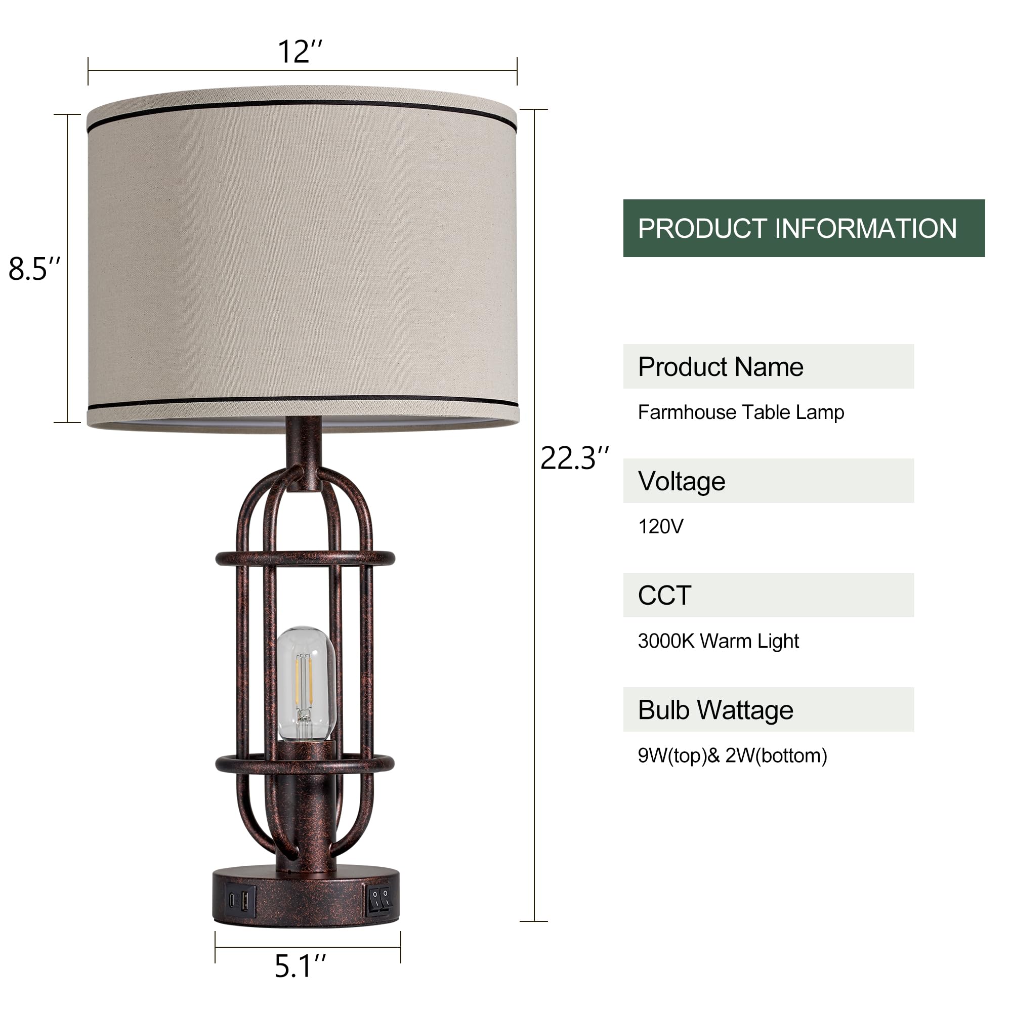 Black Table Lamps for Living Room Set of 2, 22.3" Farmhouse Lamps for Nightstand, Industrial Table Lamps for Bedroom with USB Ports, Bulbs Included