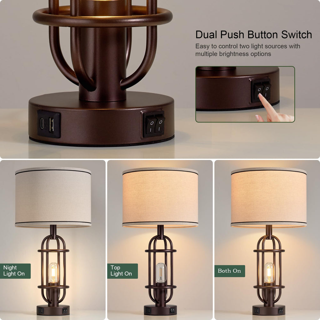 Black Table Lamps for Living Room Set of 2, 22.3" Farmhouse Lamps for Nightstand, Industrial Table Lamps for Bedroom with USB Ports, Bulbs Included