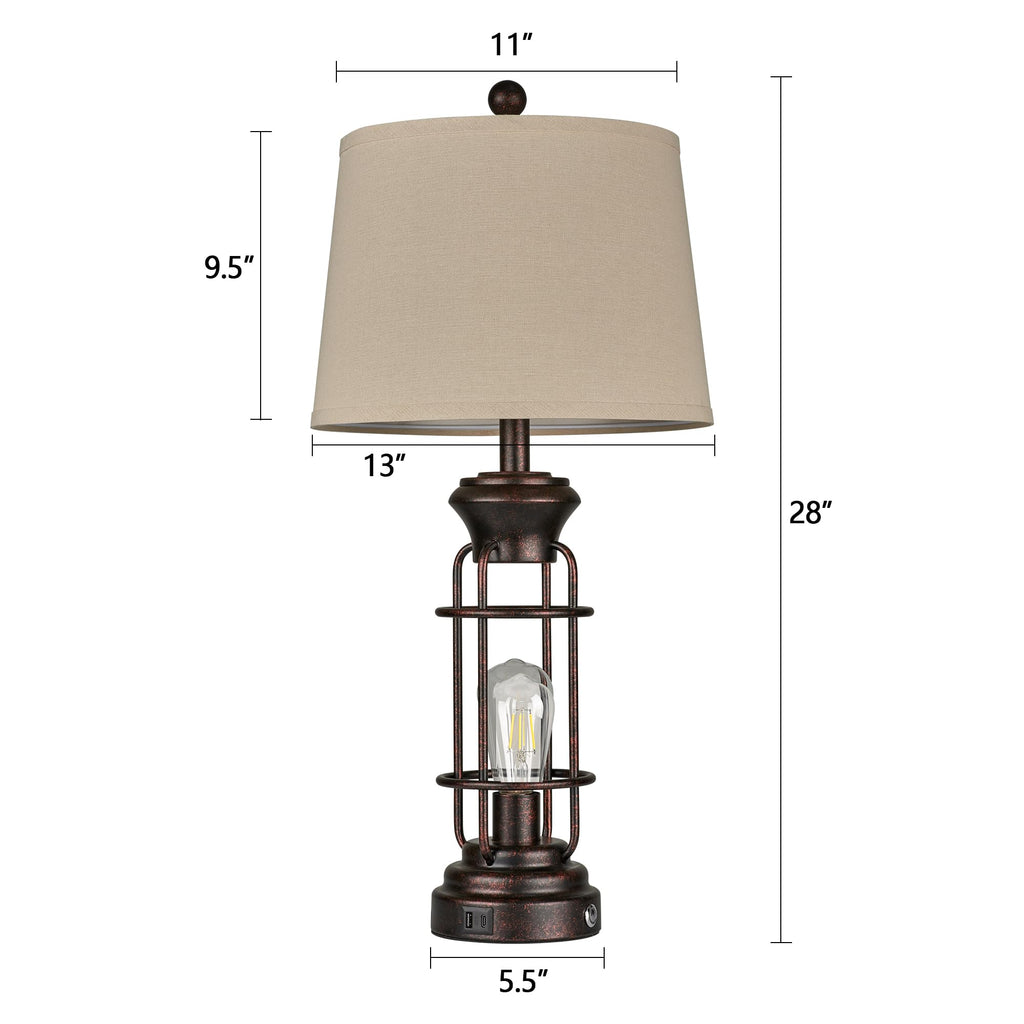Black Table Lamps for Living Room Set of 2, 22.3" Farmhouse Lamps for Nightstand, Industrial Table Lamps for Bedroom with USB Ports, Bulbs Included