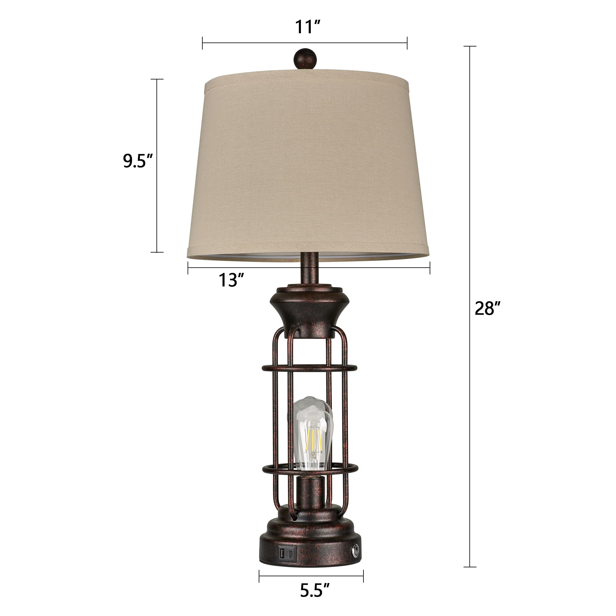 Black Table Lamps for Living Room Set of 2, 22.3" Farmhouse Lamps for Nightstand, Industrial Table Lamps for Bedroom with USB Ports, Bulbs Included