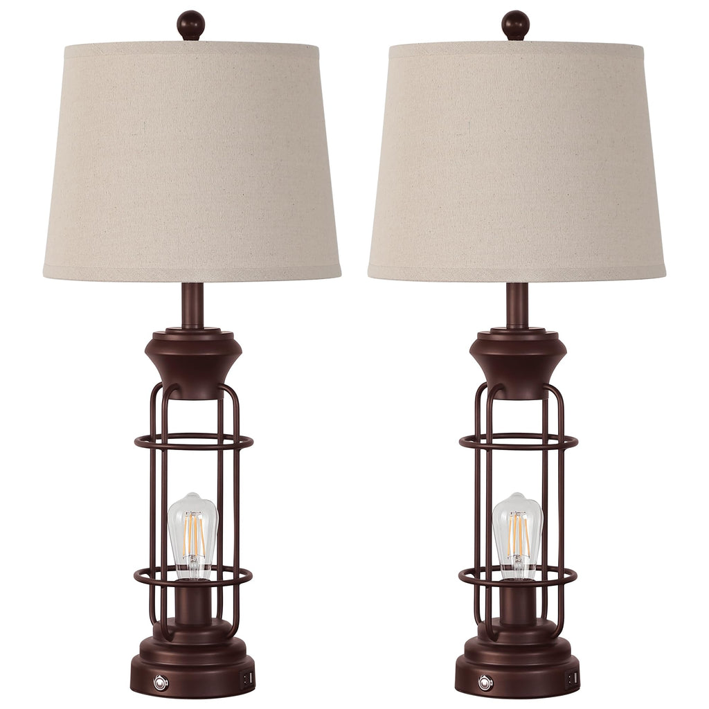 Black Table Lamps for Living Room Set of 2, 22.3" Farmhouse Lamps for Nightstand, Industrial Table Lamps for Bedroom with USB Ports, Bulbs Included