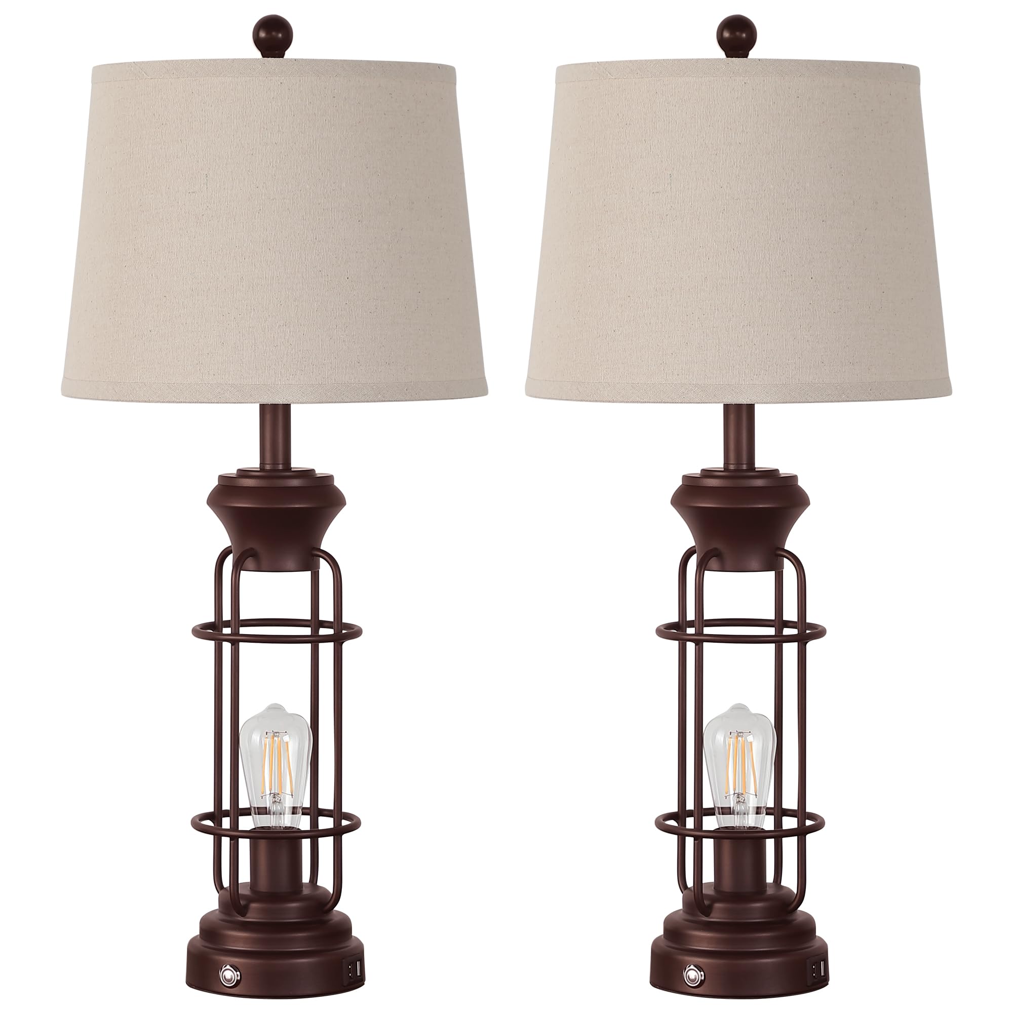 Black Table Lamps for Living Room Set of 2, 22.3" Farmhouse Lamps for Nightstand, Industrial Table Lamps for Bedroom with USB Ports, Bulbs Included