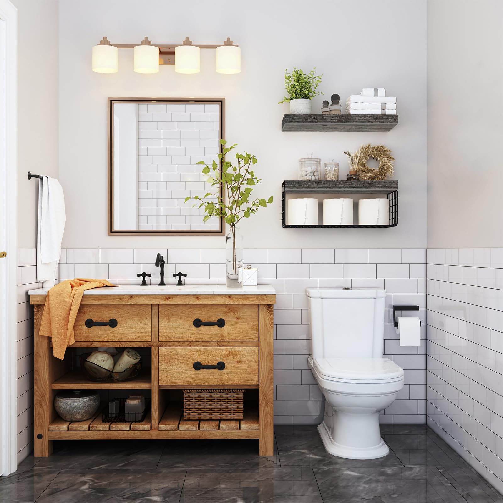 QEEIG Bathroom Shelves Over Toilet - Wall Mounted Floating Shelves Toilet Paper Storage Small Farmhouse Decor Shelf 16 inch Set of 3, Rustic Brown (019-BN3)