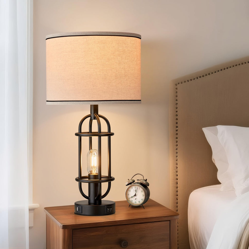 Black Table Lamps for Living Room Set of 2, 22.3" Farmhouse Lamps for Nightstand, Industrial Table Lamps for Bedroom with USB Ports, Bulbs Included