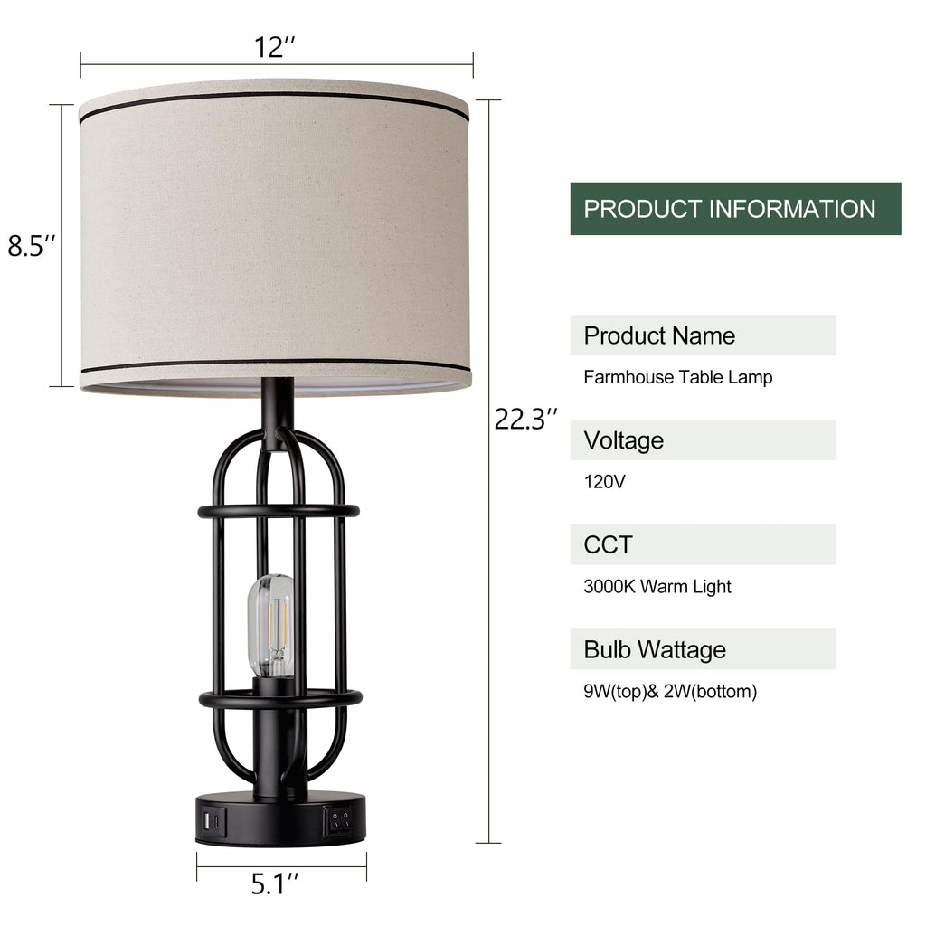 Black Table Lamps for Living Room Set of 2, 22.3" Farmhouse Lamps for Nightstand, Industrial Table Lamps for Bedroom with USB Ports, Bulbs Included