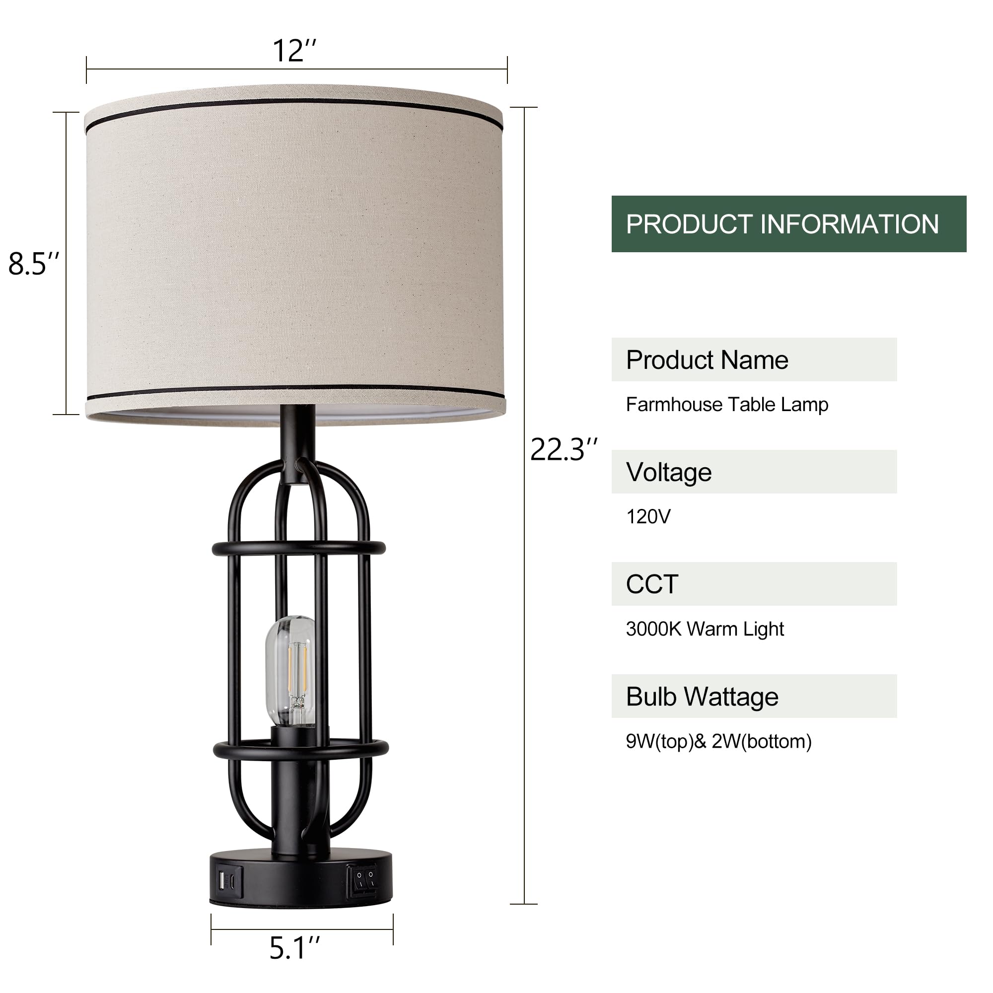 Black Table Lamps for Living Room Set of 2, 22.3" Farmhouse Lamps for Nightstand, Industrial Table Lamps for Bedroom with USB Ports, Bulbs Included