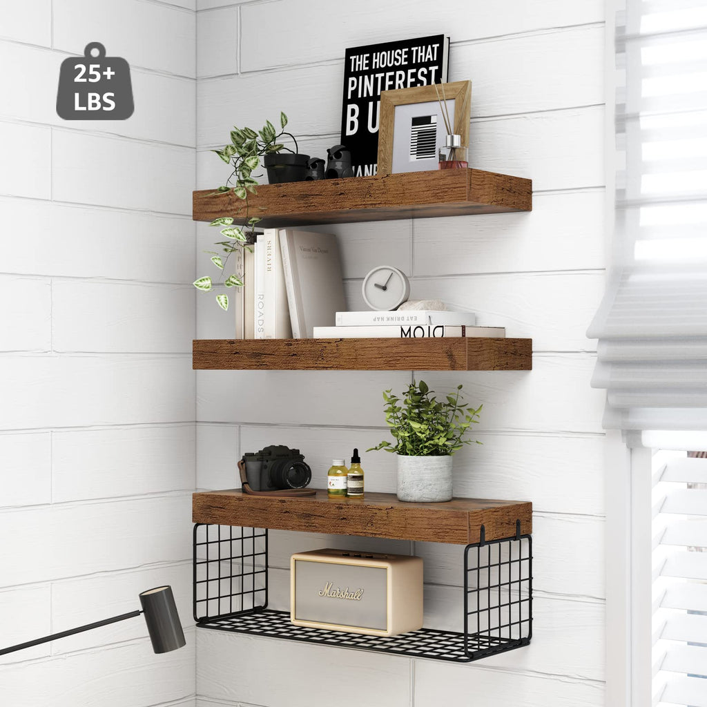 QEEIG Bathroom Shelves Over Toilet - Wall Mounted Floating Shelves Toilet Paper Storage Small Farmhouse Decor Shelf 16 inch Set of 3, Rustic Brown (019-BN3)
