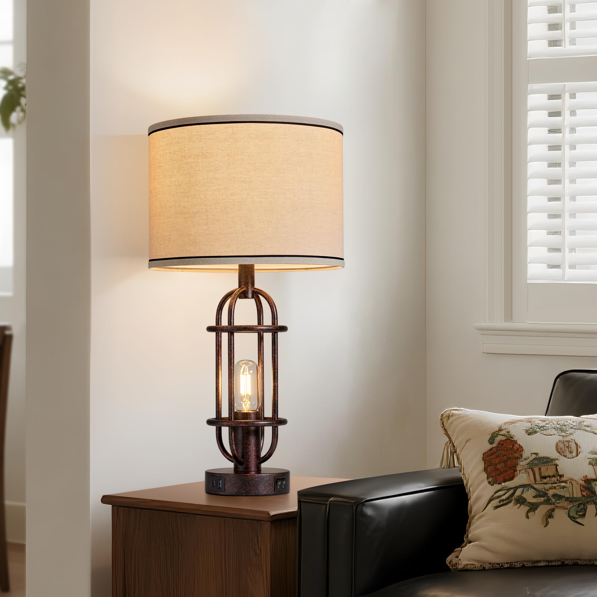 Black Table Lamps for Living Room Set of 2, 22.3" Farmhouse Lamps for Nightstand, Industrial Table Lamps for Bedroom with USB Ports, Bulbs Included