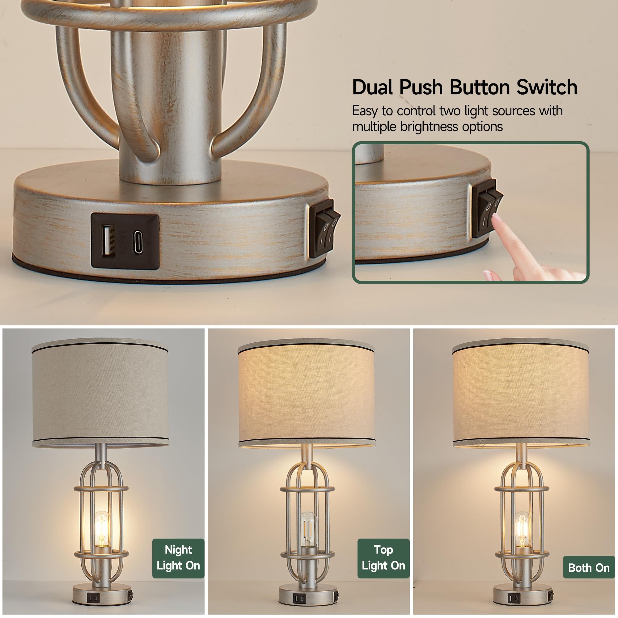 Black Table Lamps for Living Room Set of 2, 22.3" Farmhouse Lamps for Nightstand, Industrial Table Lamps for Bedroom with USB Ports, Bulbs Included