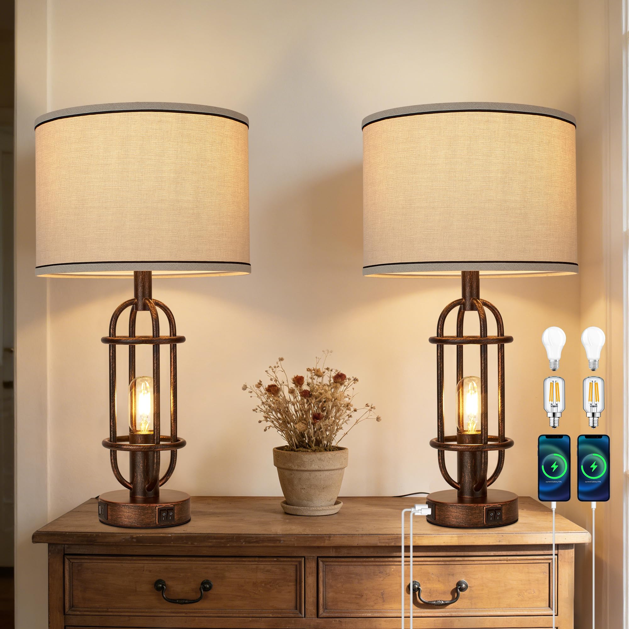 Black Table Lamps for Living Room Set of 2, 22.3" Farmhouse Lamps for Nightstand, Industrial Table Lamps for Bedroom with USB Ports, Bulbs Included