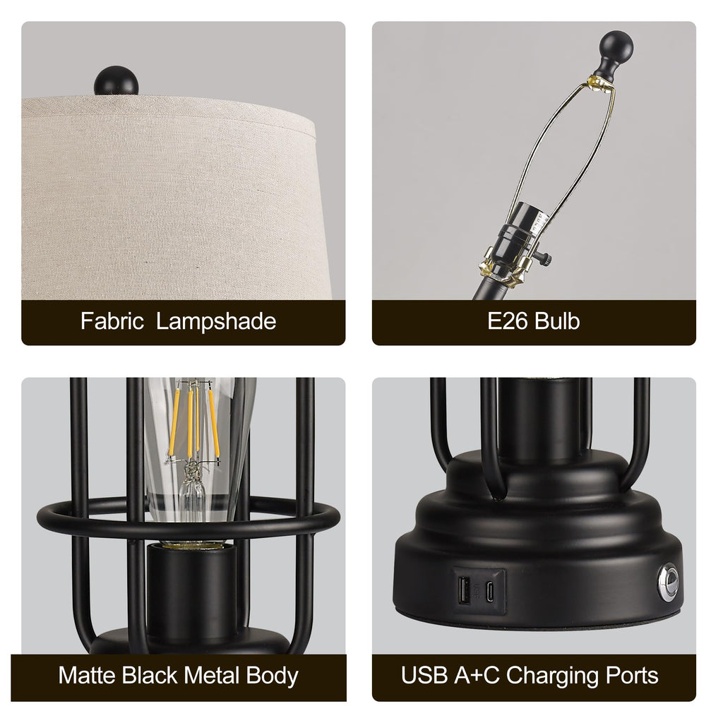 Black Table Lamps for Living Room Set of 2, 22.3" Farmhouse Lamps for Nightstand, Industrial Table Lamps for Bedroom with USB Ports, Bulbs Included
